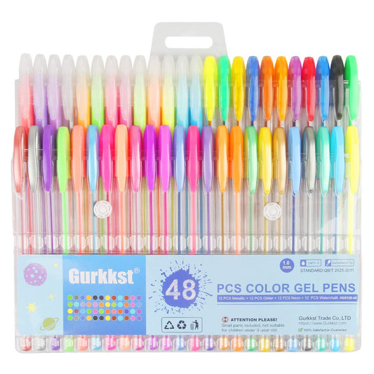 Gurkkst 48 Pcs Color Gel Ink Pens Set 1.0mm Tip Range The Best Gel Pens Drawing Writing and Colouring Books (12 Metallic 12 Glitter 12 Neon 12 Water Chalk)