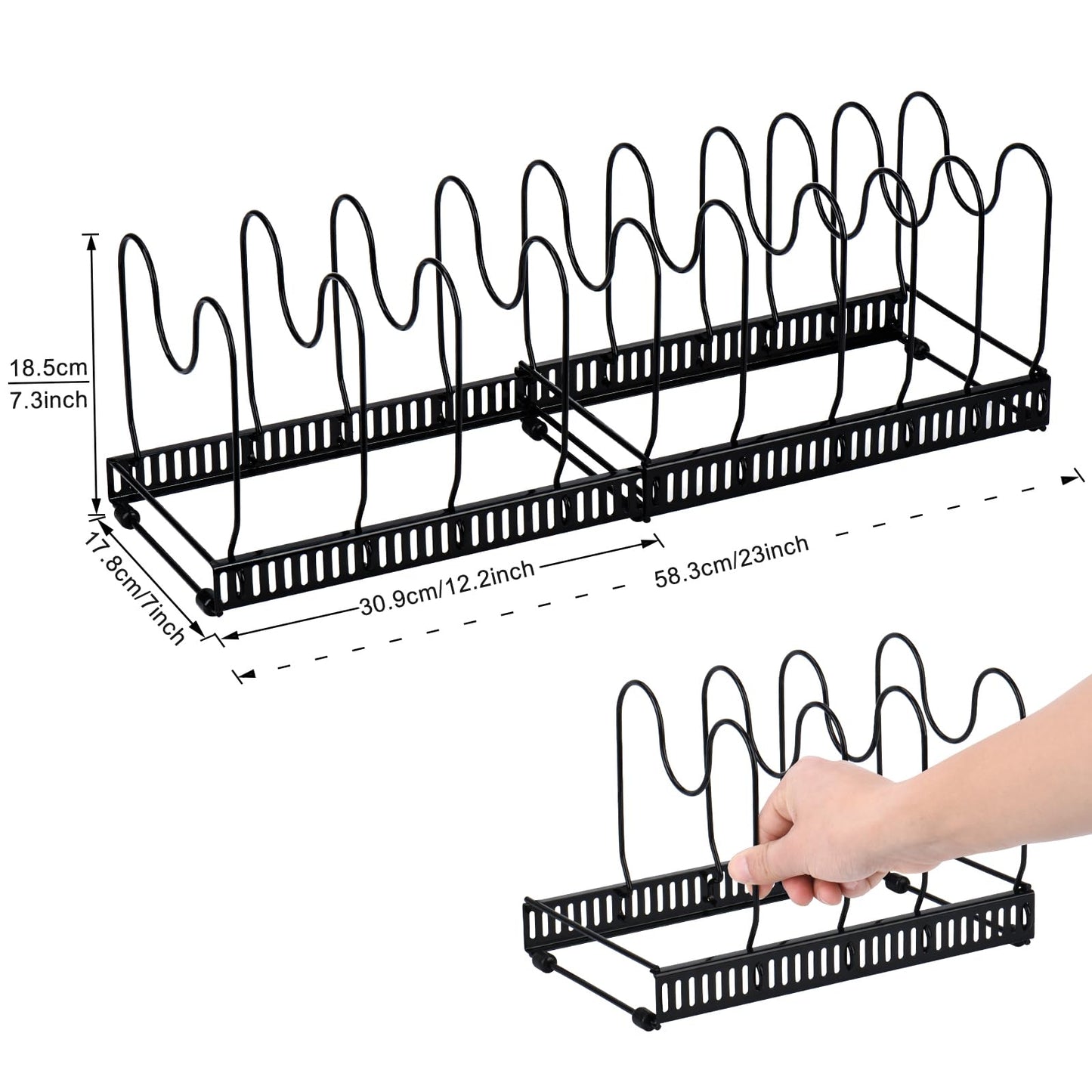 Toplife Expandable Pans Organiser Rack, 10 Adjustable Compartments, Pantry Cupboard Bakeware Lid Plate Holders, Black Pan Lid Organiser, Black