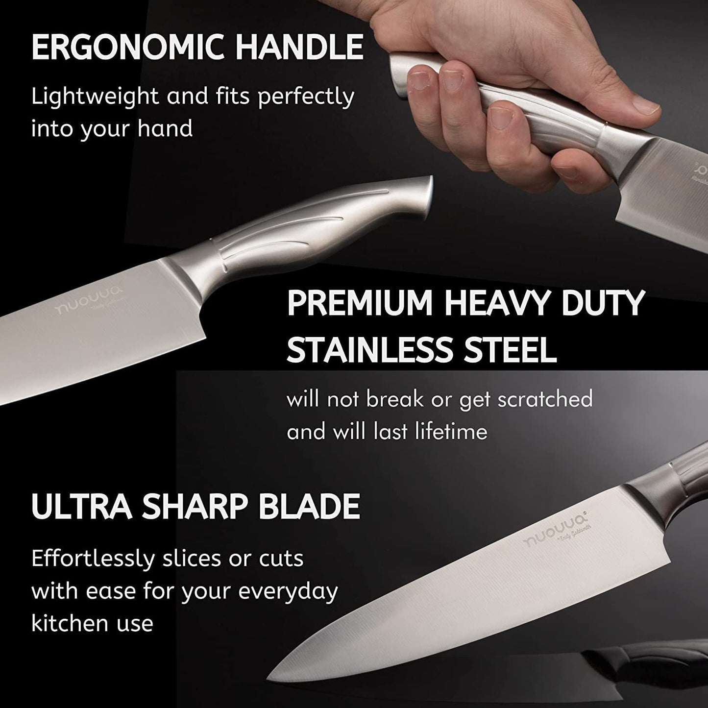 nuovva Sharp Kitchen Knife Set - Professional Kitchen Knives - 5 Pieces Stainless Steel Blades with Gift Box - Includes Chefs, Bread, Carving, Utility and Paring Knife 5pcs Stainless Steel Set