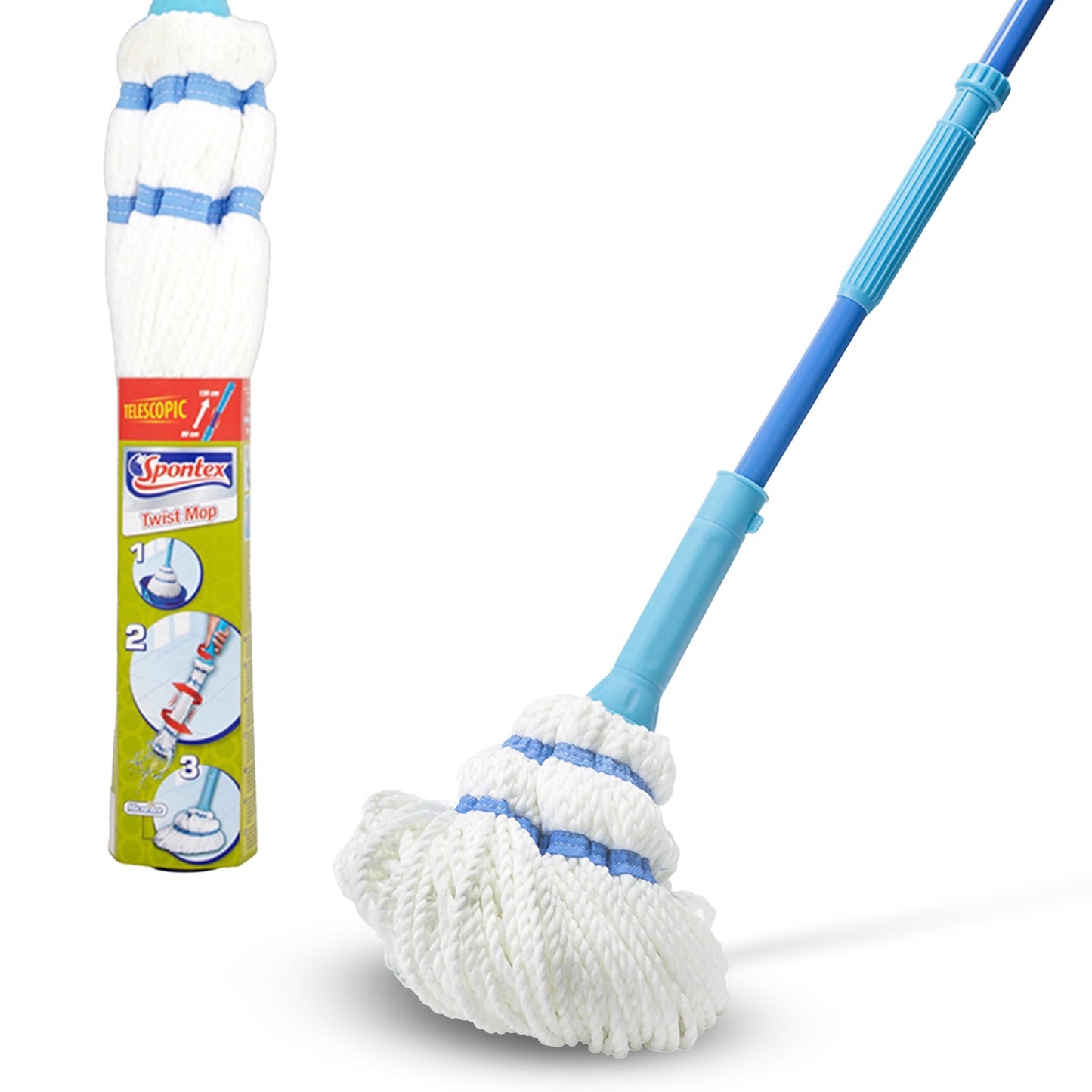 Spontex Twist Mop - Microfibre Mop with Built-In Self Wringing System - Non-Scratch Scourer Pad for Tough Stains - Cleans Laminate, Wood & Tile Flooring - Washable Mop Head