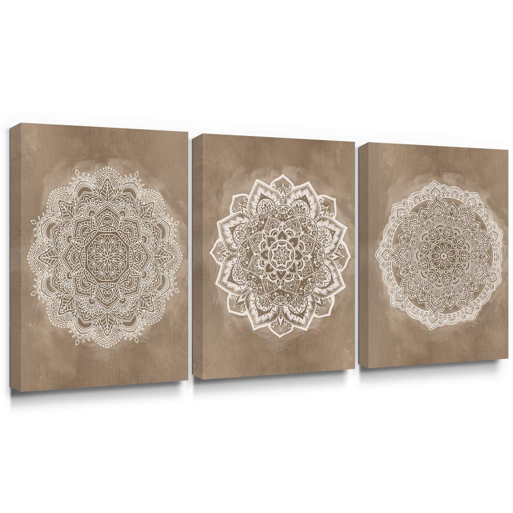 SUMGAR Mandala Wall Art Boho Coffee Pictures Brown Indian Bohemian Art Prints for Walls Floral Canvas Painting Flower Artwork for Bedroom Bathroom Living Room Yoga Room 30x40cm Set of 3 Brown Mandala