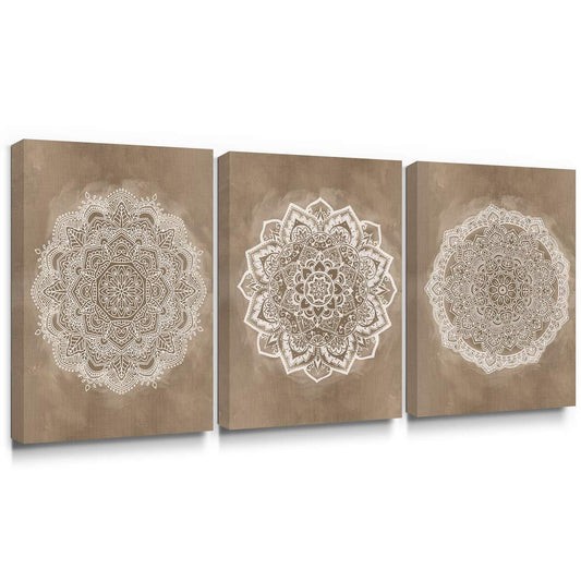 SUMGAR Mandala Wall Art Boho Coffee Pictures Brown Indian Bohemian Art Prints for Walls Floral Canvas Painting Flower Artwork for Bedroom Bathroom Living Room Yoga Room 30x40cm Set of 3 Brown Mandala