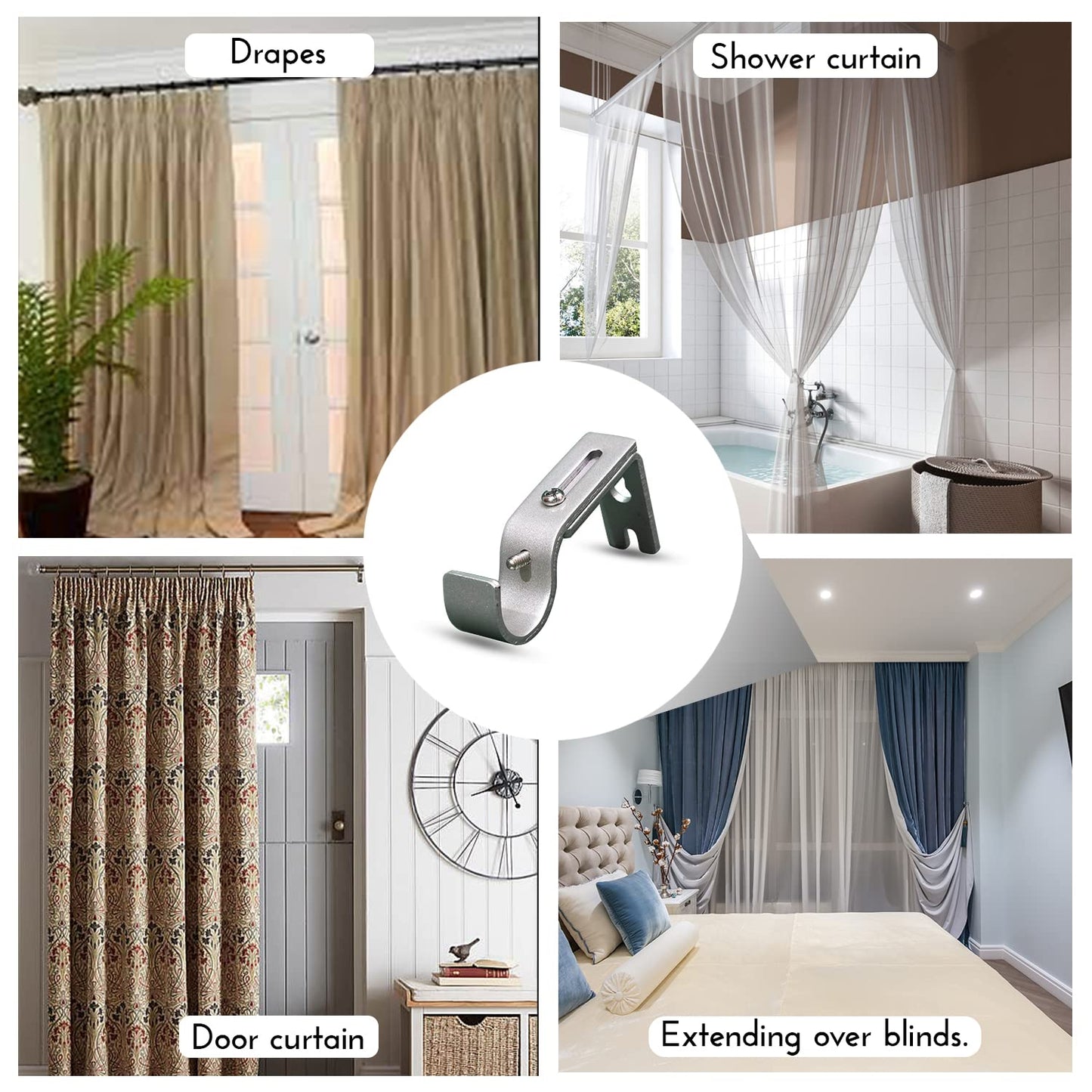 QualityDen Curtain Pole Brackets 2Pcs with Adjustable Length of 9 - 12cm - Metal Curtain Rod Brackets Set with Screws for Poles, Wall Rod-Heavy Duty & Rust Resistant (Silver) Silver