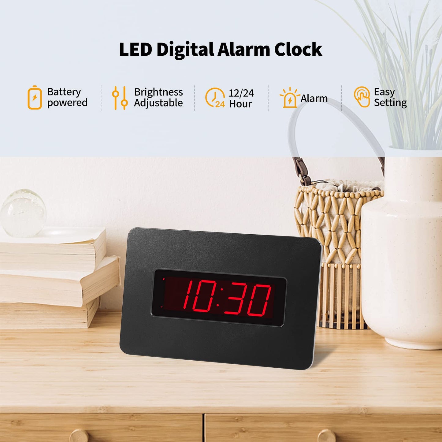 Timegyro Digital Wall Clock Battery Operated with LED Display, Wall Clock with Backlight, Table-top, Alarm, Brightness Adjustable,12/24Hr Black