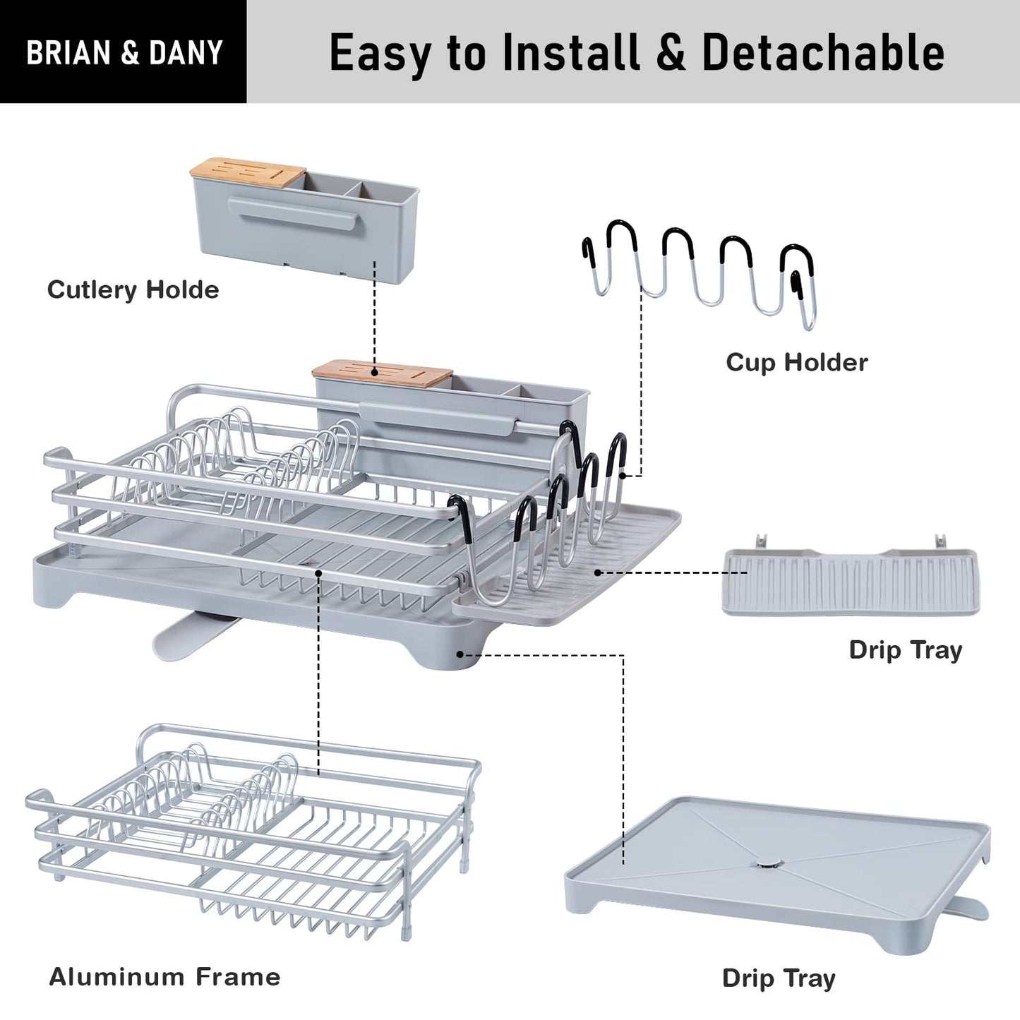 BRIAN & DANY Aluminum Dish Drainer, Dish Drying Rack with Removable Cutlery Holder & Cup Holder, Unique 360° Swivel Spout Drain Board, Grey