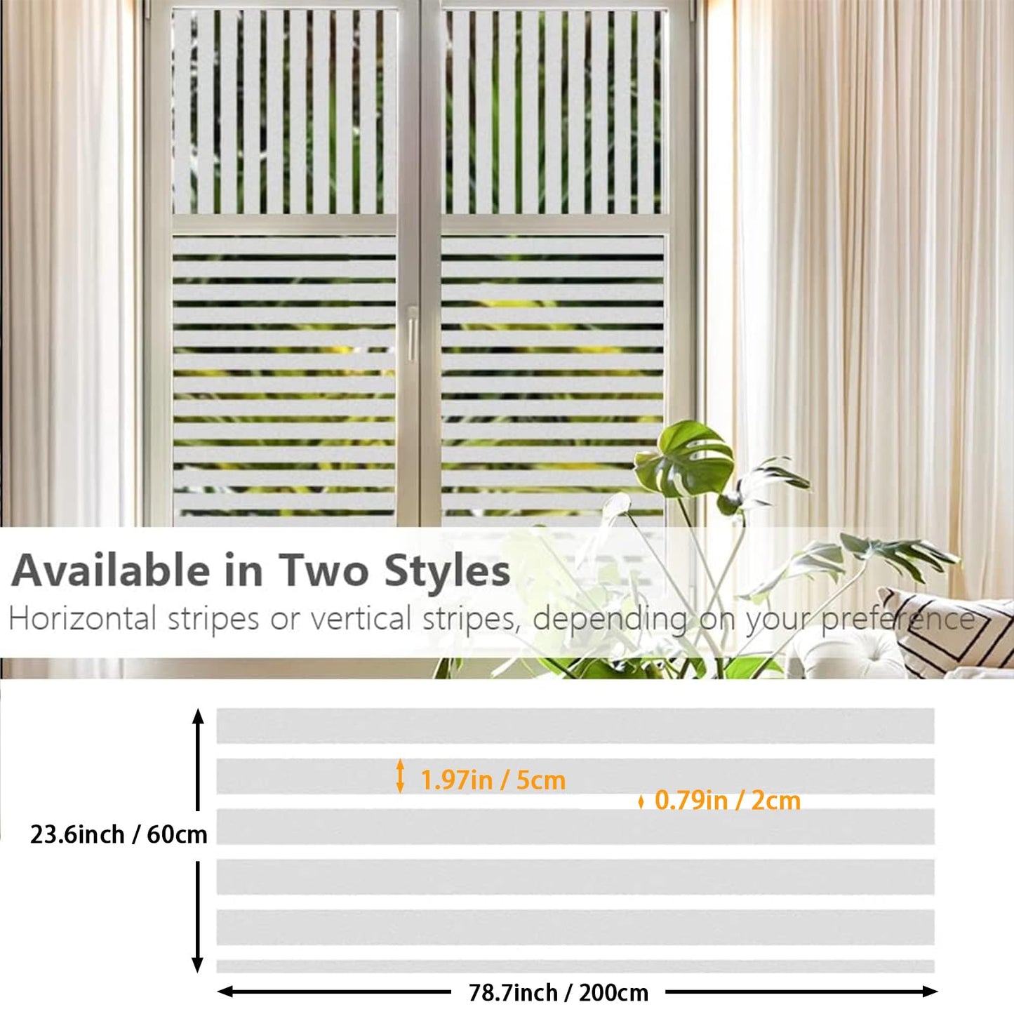 Qualsen Window Film Privacy, Frosted Window Film Stripe Window Film Privacy Window Film Self Adhesive Static Glass Window Film Window Cover for Office, Home, Kitchen (60 x 200 cm, Wide Stripe) 60 x 200 cm