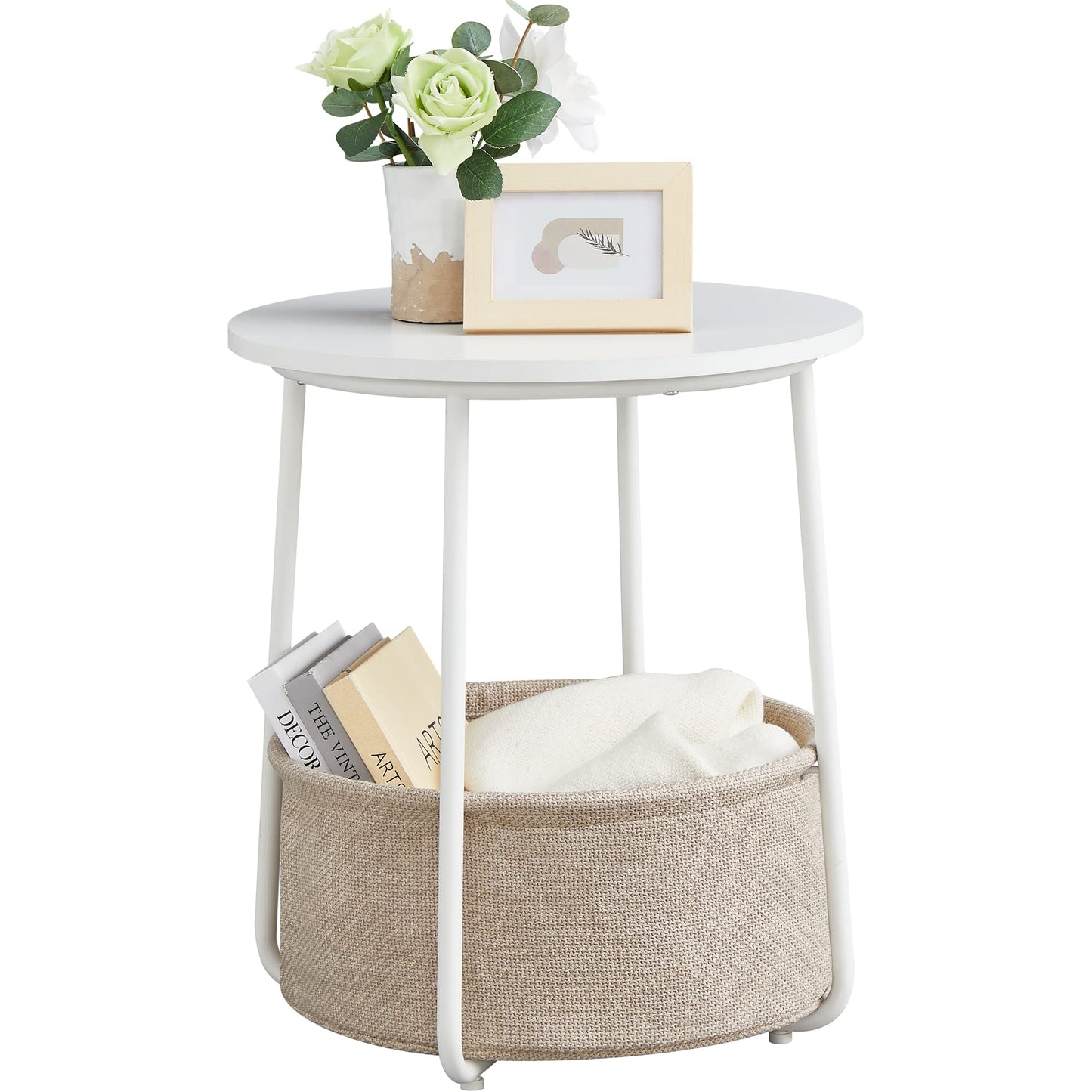 VASAGLE Side Table, Round End Table with Fabric Basket, Spacious, for Living Room Bedroom, Bedside Table, Modern Style, White and Beige LET223W10 White + Beige