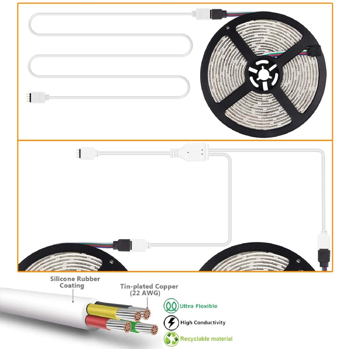 REDTRON LED Light Connector Kit, 10mm RGB LED Connector Includes 10x L Shape Connectors,2M LED Strip Light Extension Cable,4X Strip to Strip Jumpers,5X 4 Pin Male Connectors LT071,35Pcs Connectors Set