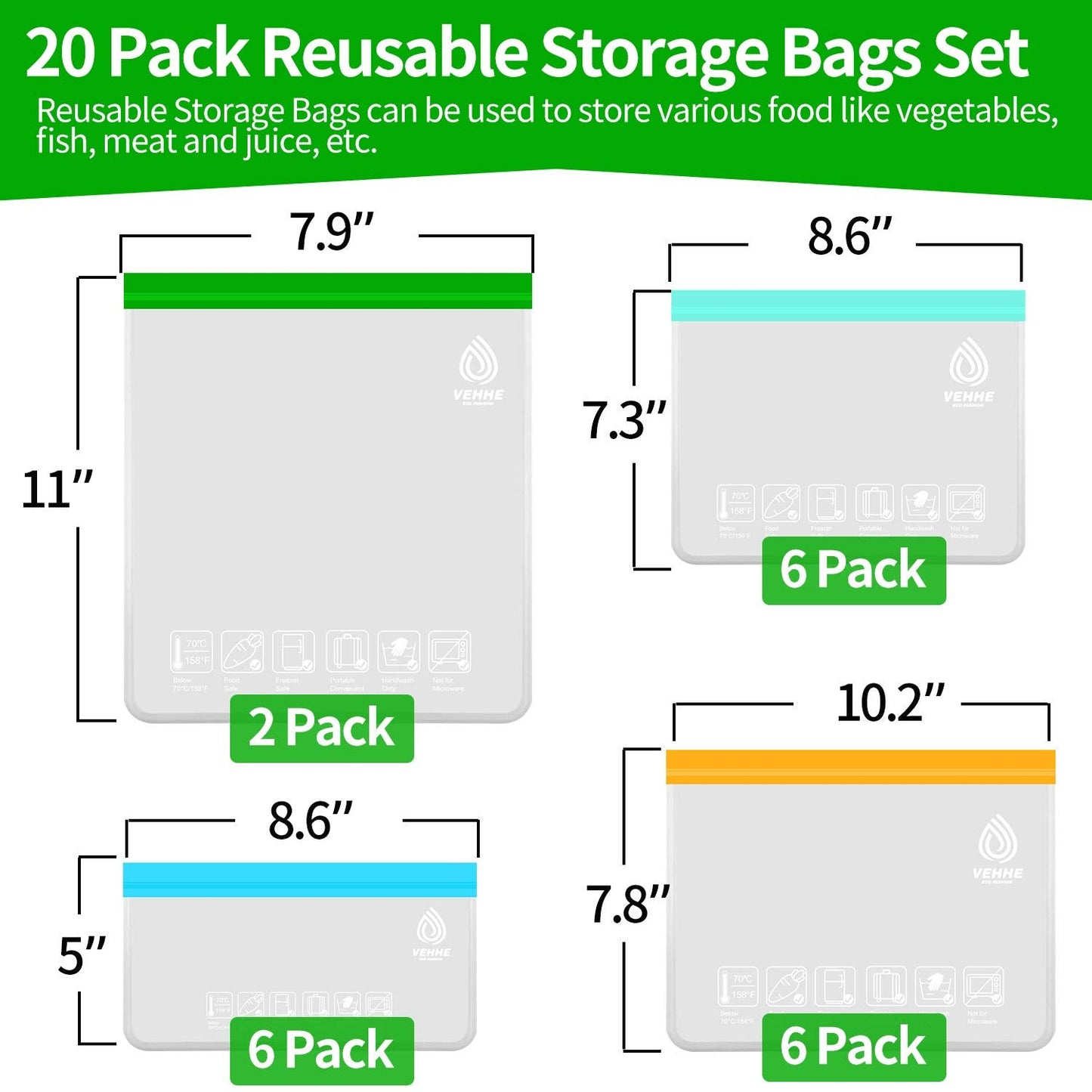 VEHHE 20 Pack Reusable Food Storage Bags (2 Gallon Reusable Freezer Bags + 6 Reusable Sandwich Bags + 6 Reusable Ziplock Bags + 6 Snack Bags) Leakproof Lunch Bags for Travel Jewelry Make-Up