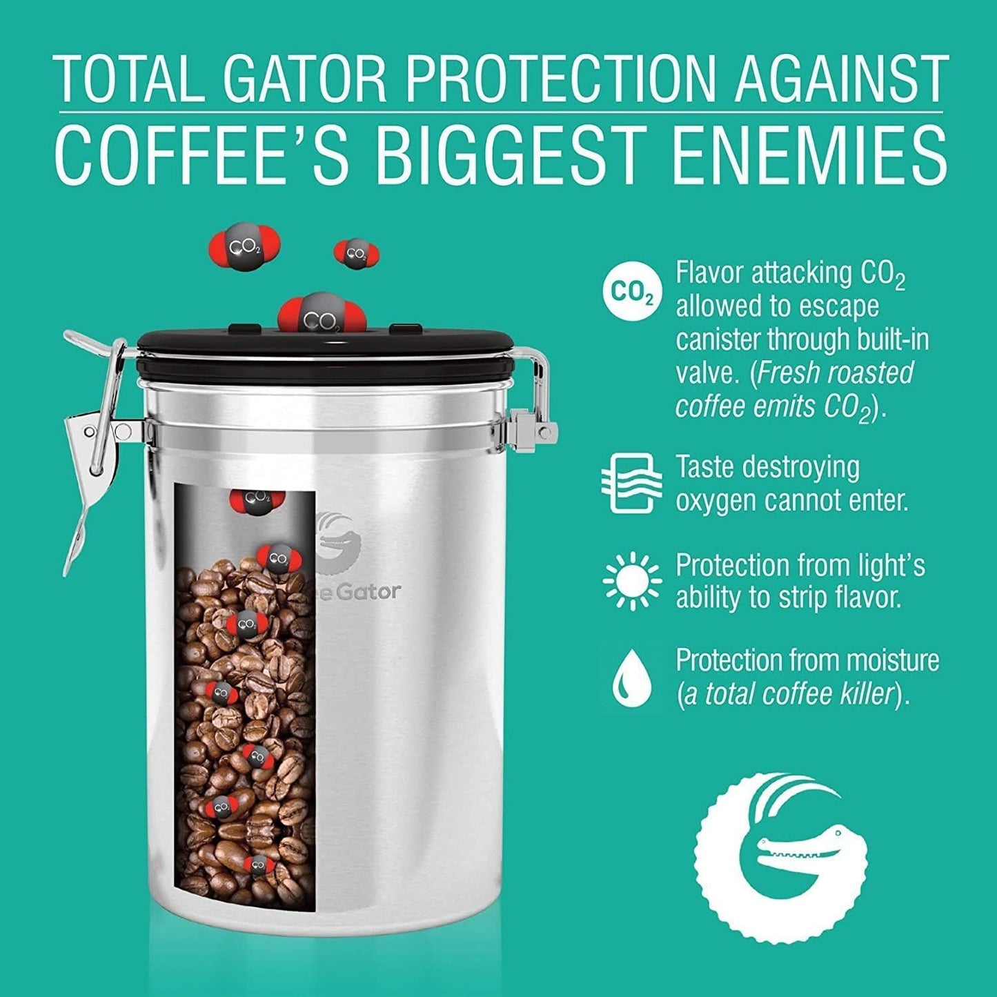 Coffee Gator Coffee Storage - Stainless Steel Tea and Sugar Containers - Canisters w/Date-Tracker, CO2 Valve for Freshness & Scoop - Small, Gray Dark Grey