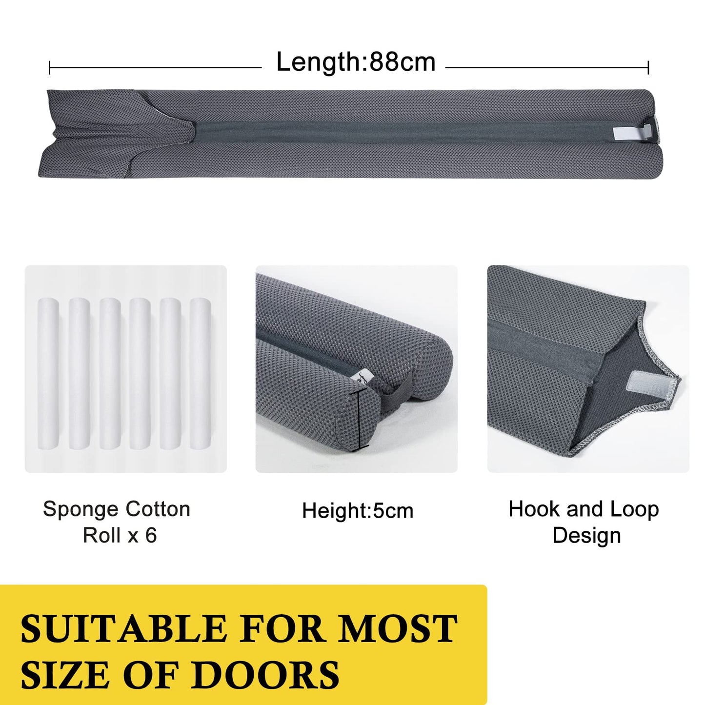 fowong Under Door Draught Excluder,88cm Double Side Draught Excluder for Bottom of Doors Under Door Seal Reduce Noise Draft Excluder Cushion Grey 88cm