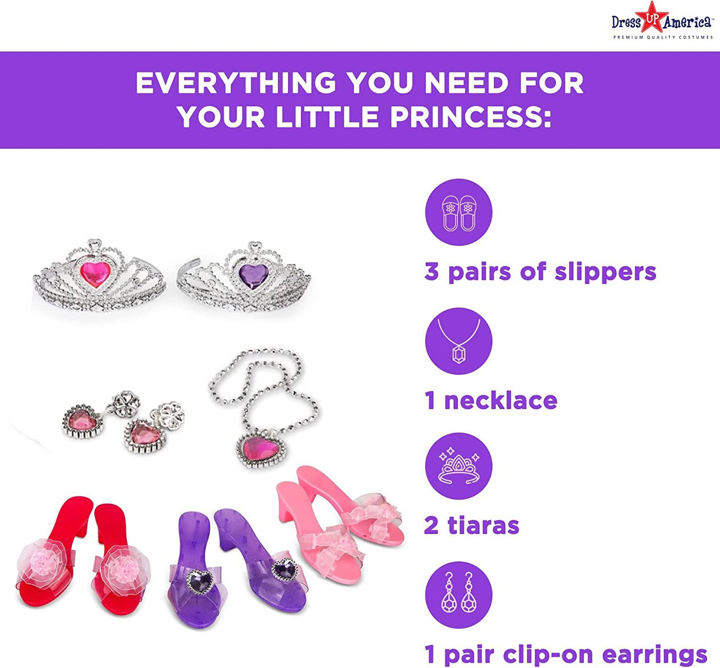 Dress Up America My Princess Dress Up Shoes Set for Kids- Crown for Girls, 3 Shoe Pairs,Earrings,Necklace - Little Girl and Toddler Role-Play Gift Set