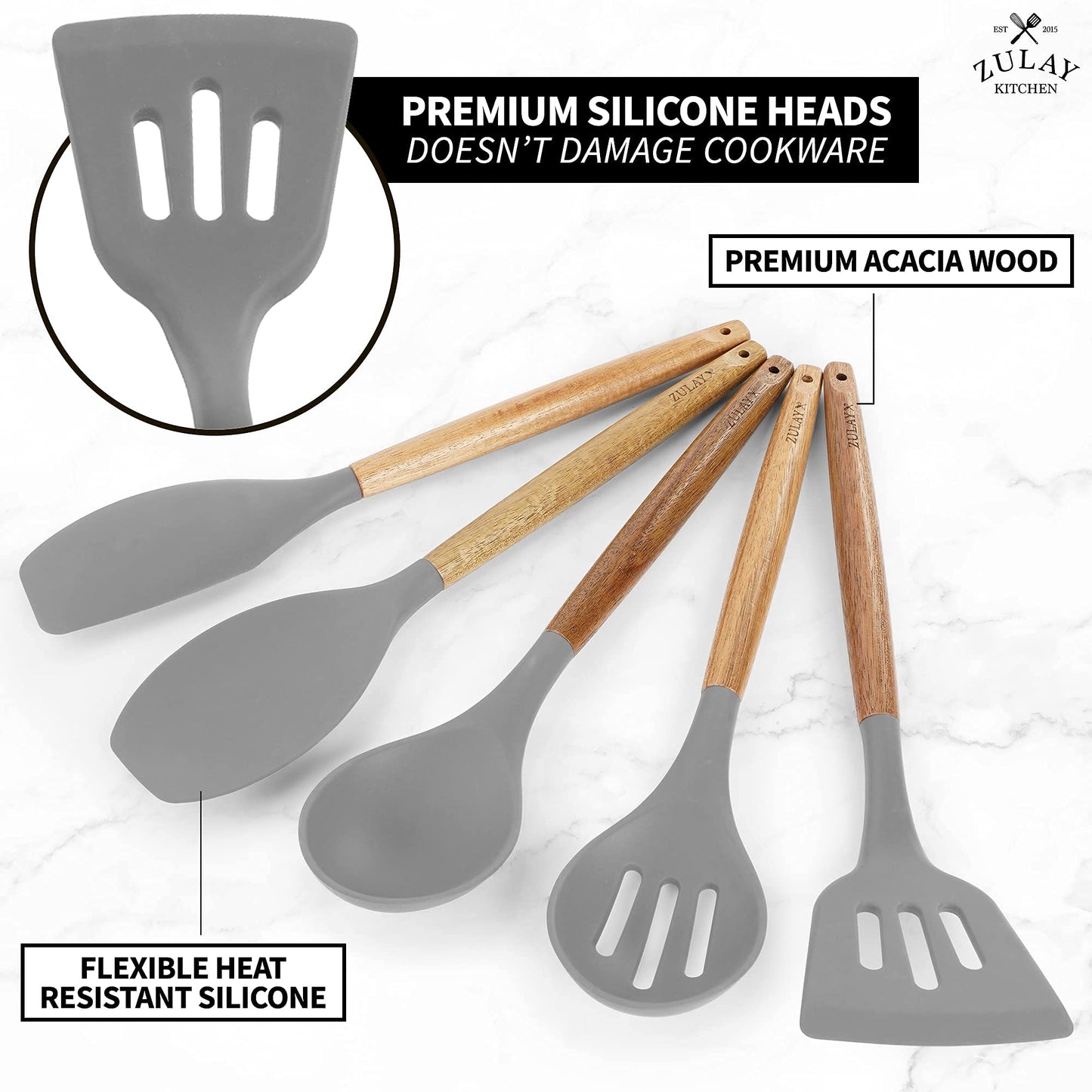 Premium 5 Piece Silicone Utensils Set with Authentic Acacia Hardwood Handles, All Purpose Silicone Spatulas Kitchen Set, Wood Cooking Utensils Set, Non-Stick Cookware by Zulay Kitchen Gray