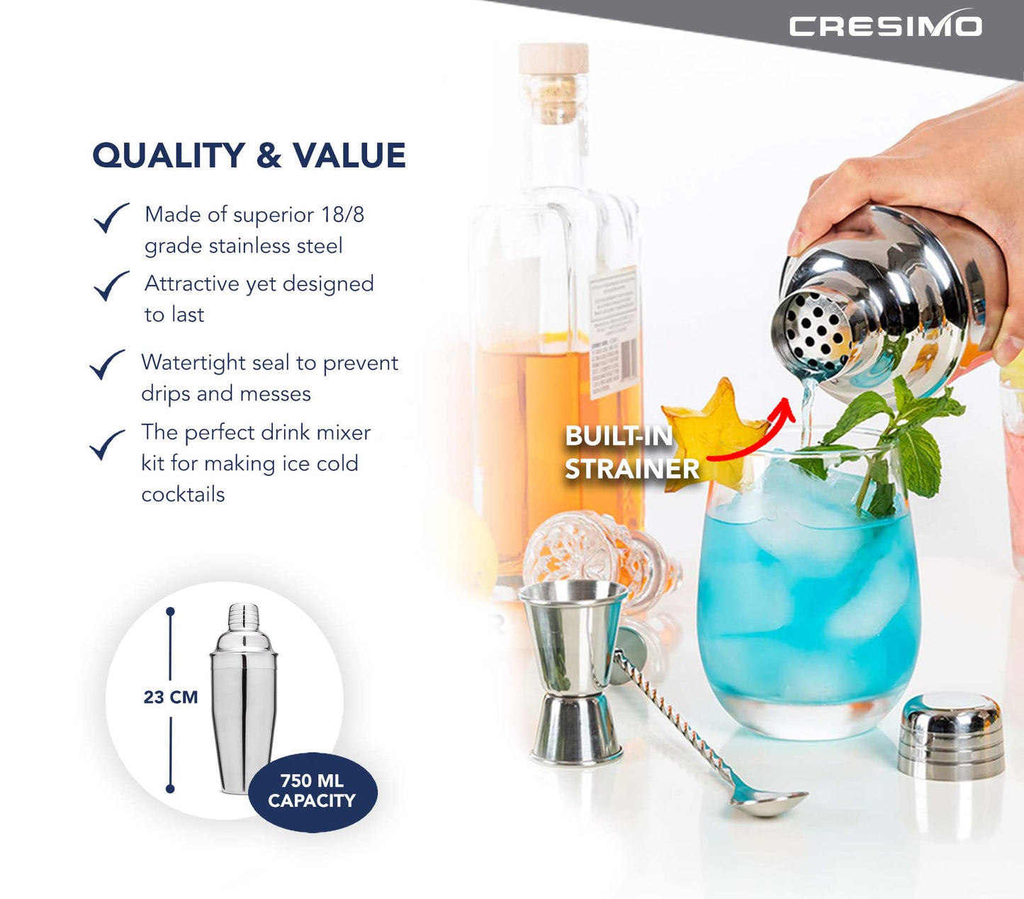 750mL Cocktail Shaker Set: 3pc Cocktail Making Set with Built-In Cocktail Strainer, Measuring Jigger Cocktail Spoon & Cocktail Kit Book - Stainless Steel Cocktail Set w/ Cocktail Shakers - Cresimo 710mL - 3pc Set