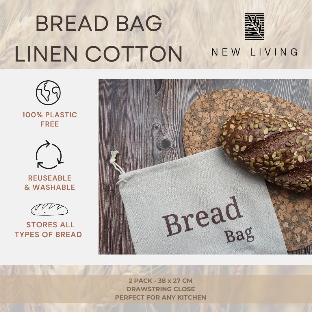 2 Pack New Living Natural Linen Bread Bag | Organic Blend | 2 x Reusable Bread Bags | Food Storage Bag | Bread Storage Bags | 38x27 cm | Eco Bread Bag