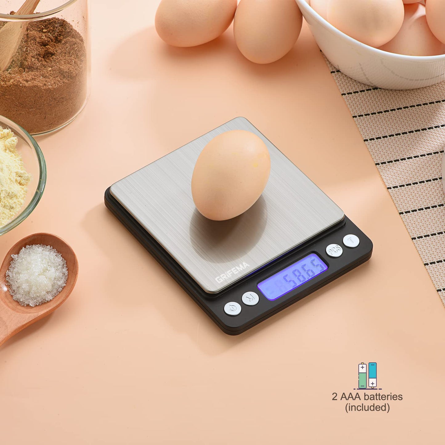 GRIFEMA GA2003 Digital Kitchen Scales with Trays, 500g/0.01g Food Weighing Scales Kitchen, Pocket Scales with Backlit LCD Display (Batteries Included) 0.01-500g Single