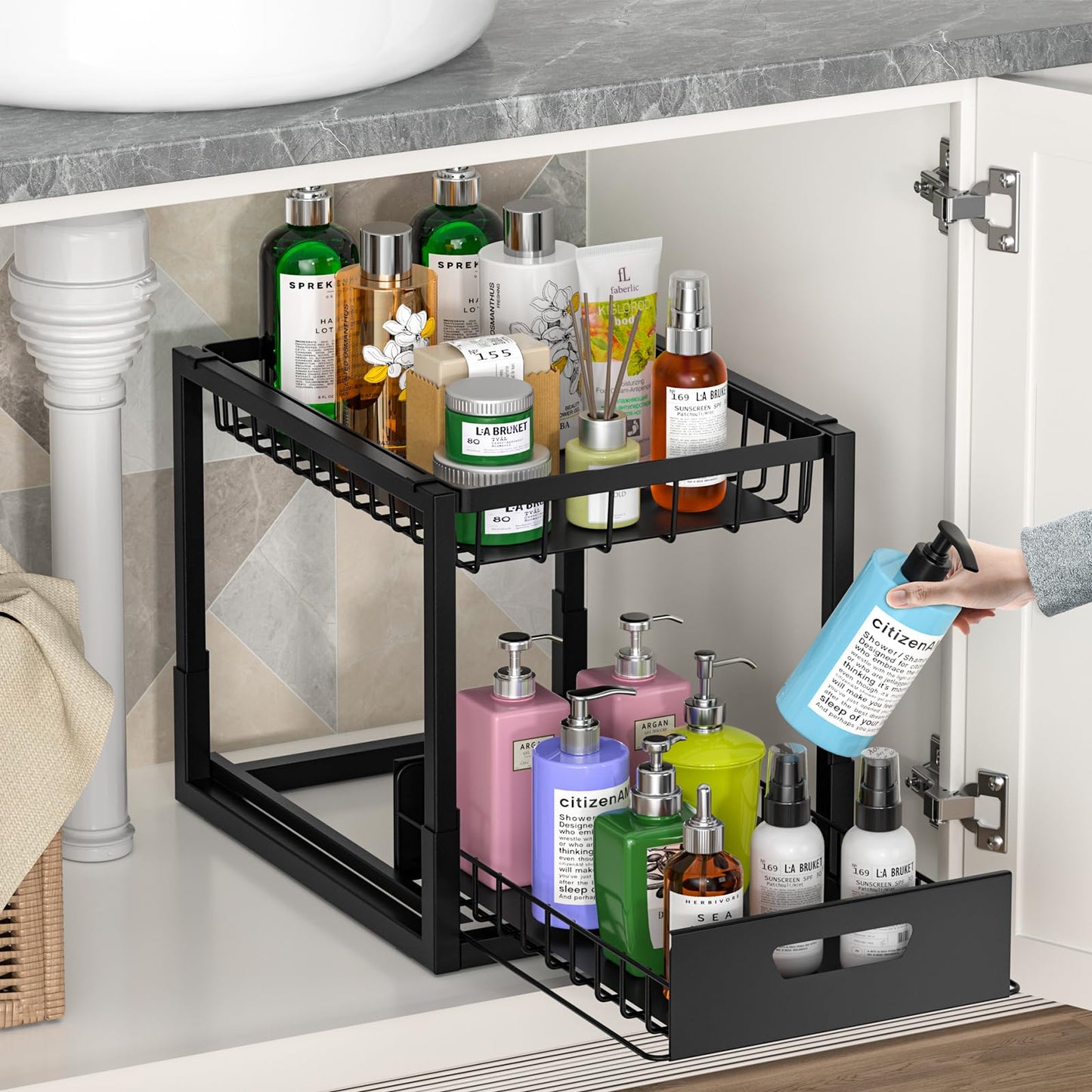 Avaspot Metal Under Sink Storage, 2 Tier Under Sink Organiser Comes with 4 Non-Slip Pads and Slide Out Drawer, 2 Plastic Liners for Small Items for Kitchen/Bathroom Black