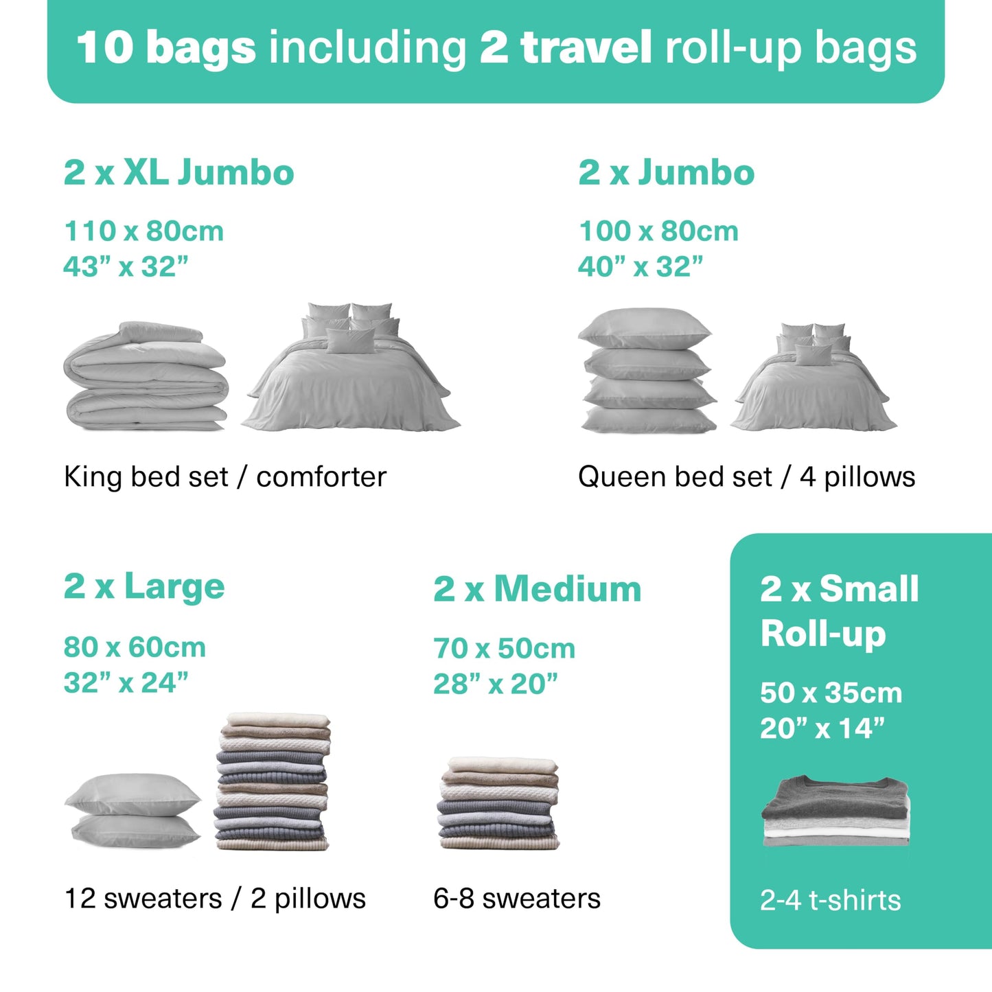 BRAMBLE 10 Pack Heavy Duty Vacuum Storage Bags Set with Pump, Compression Bags for Duvets, Clothes, Blankets - 2 Jumbo | 2 XL | 2 Large | 2 Medium | 2 Travel Roll-up