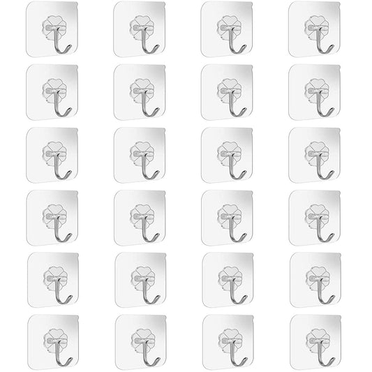 Adhesive Wall Hooks Bathroom Kitchen 24 Packs Heavy Duty 22lb(Max) Nail Free Sticky Hangers with Stainless Hooks Utility Towel Bath Ceiling Hooks Transparent Color