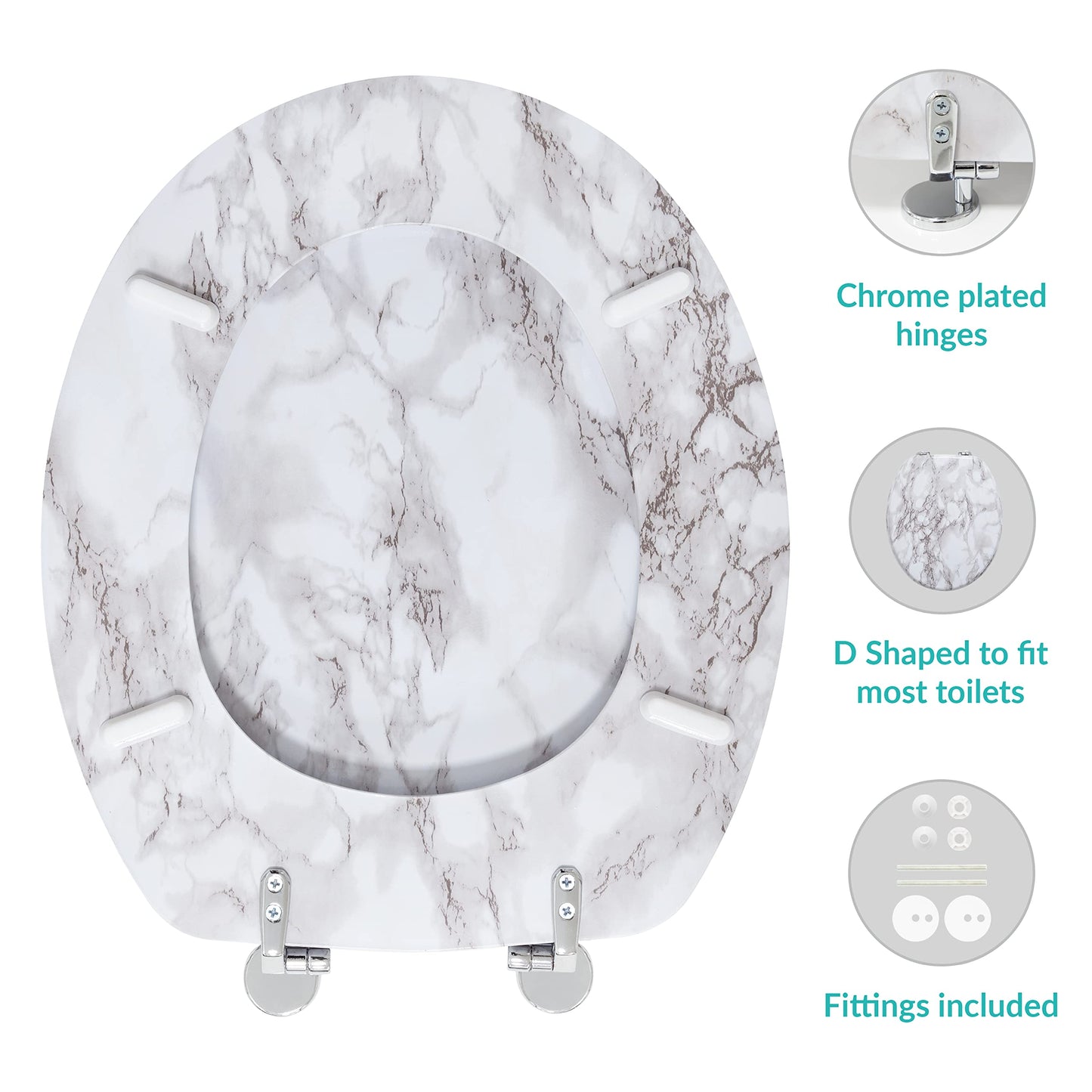 Anika 92499 Marble Effect Toilet Seat/Chrome Hinges/Easy Installation / 43cm x 37.5cm