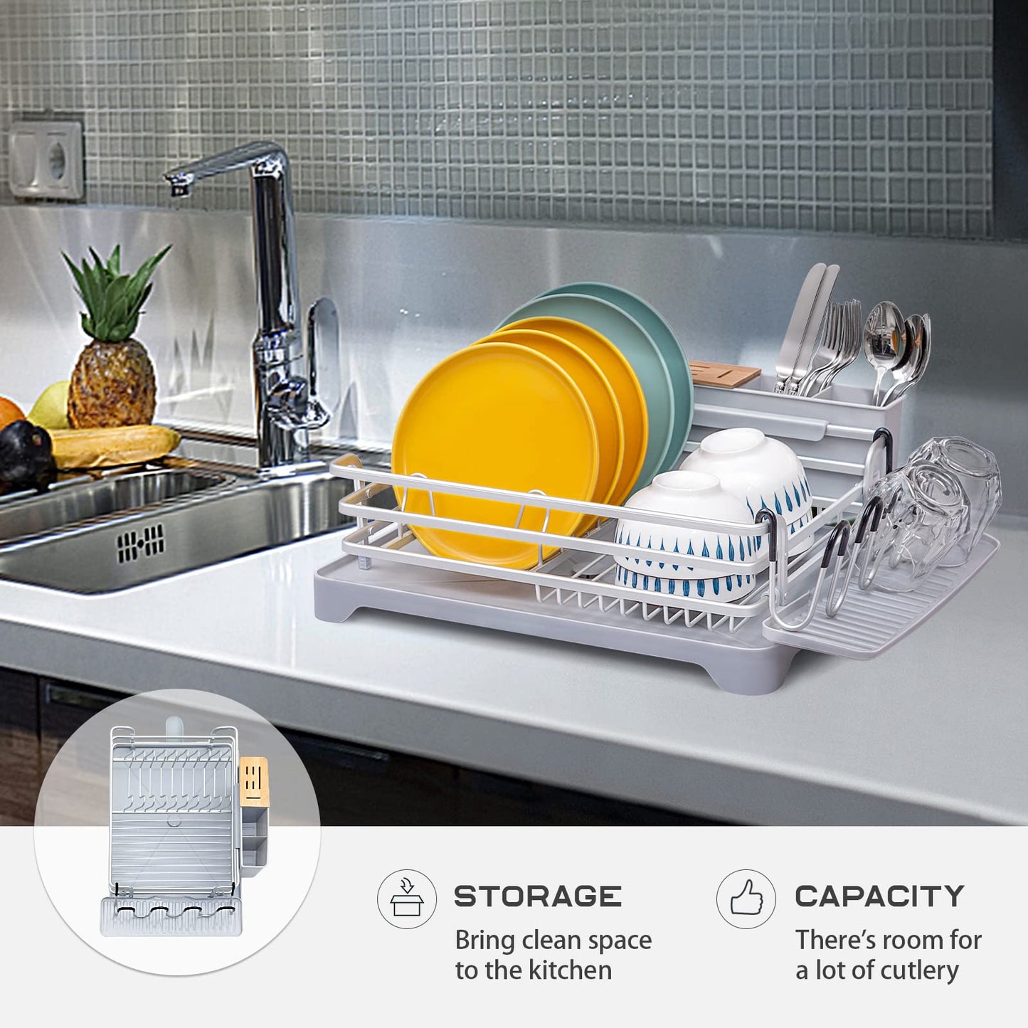 BRIAN & DANY Aluminum Dish Drainer, Dish Drying Rack with Removable Cutlery Holder & Cup Holder, Unique 360° Swivel Spout Drain Board, Grey