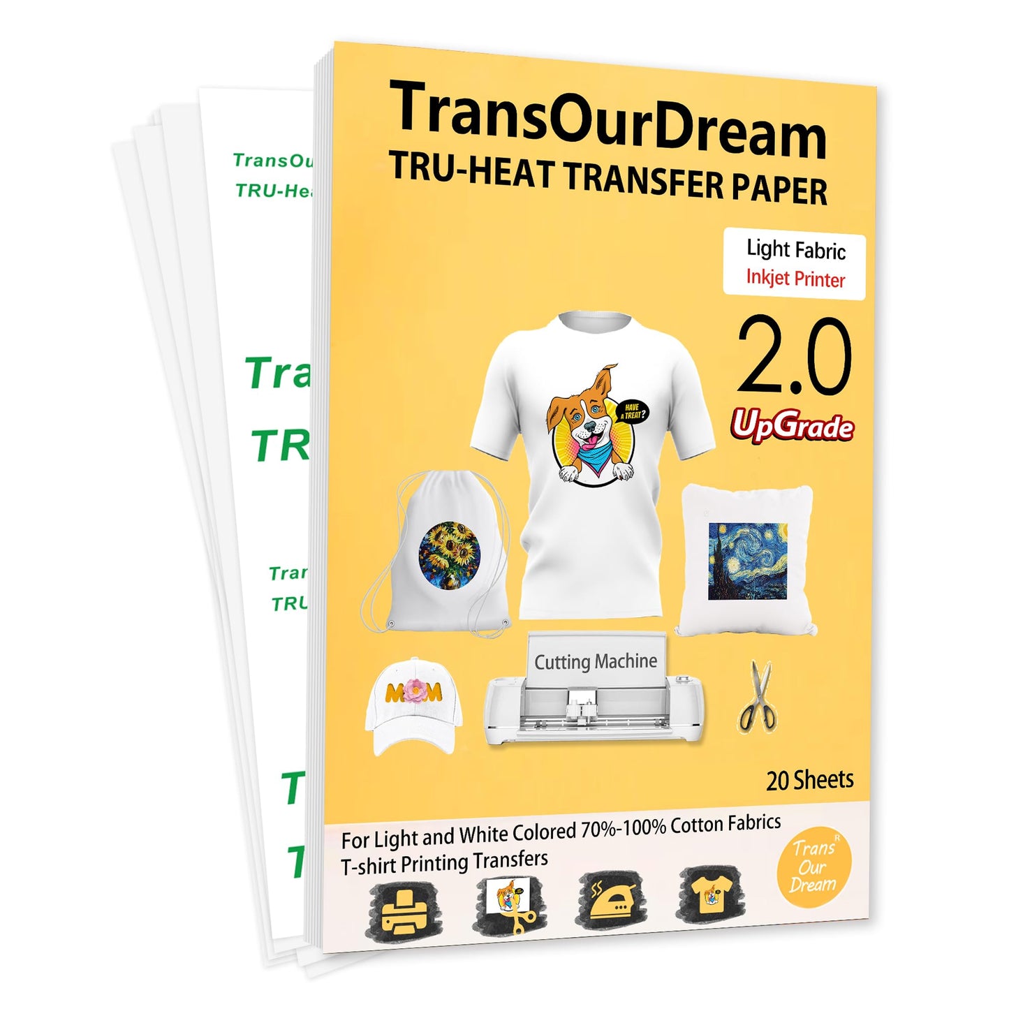 TransOurDream Tru-Transfer Paper 20 Sheets A4 Inkjet Heat Transfer Paper for Light Fabric Upgraded 2.0 Iron On Transfer Paper for White T-Shirts Printable Heat Transfer Vinyl A4-20 Feuilles 2.0