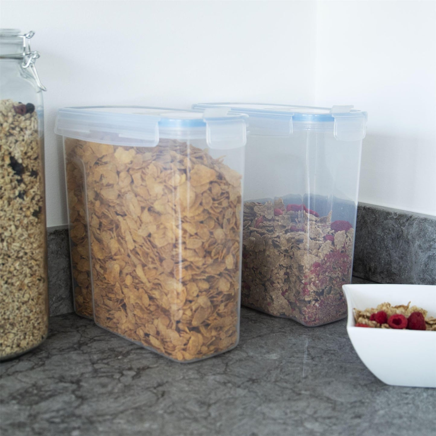 Pukkr Cereal Containers | Airtight Food Storage Dispenser | Kitchen Accessories | Easy Pour Lid | Set of 4 - Labels & Pen Included | Fresh Seal Clips (2.4 Litre) 2.4 Litre