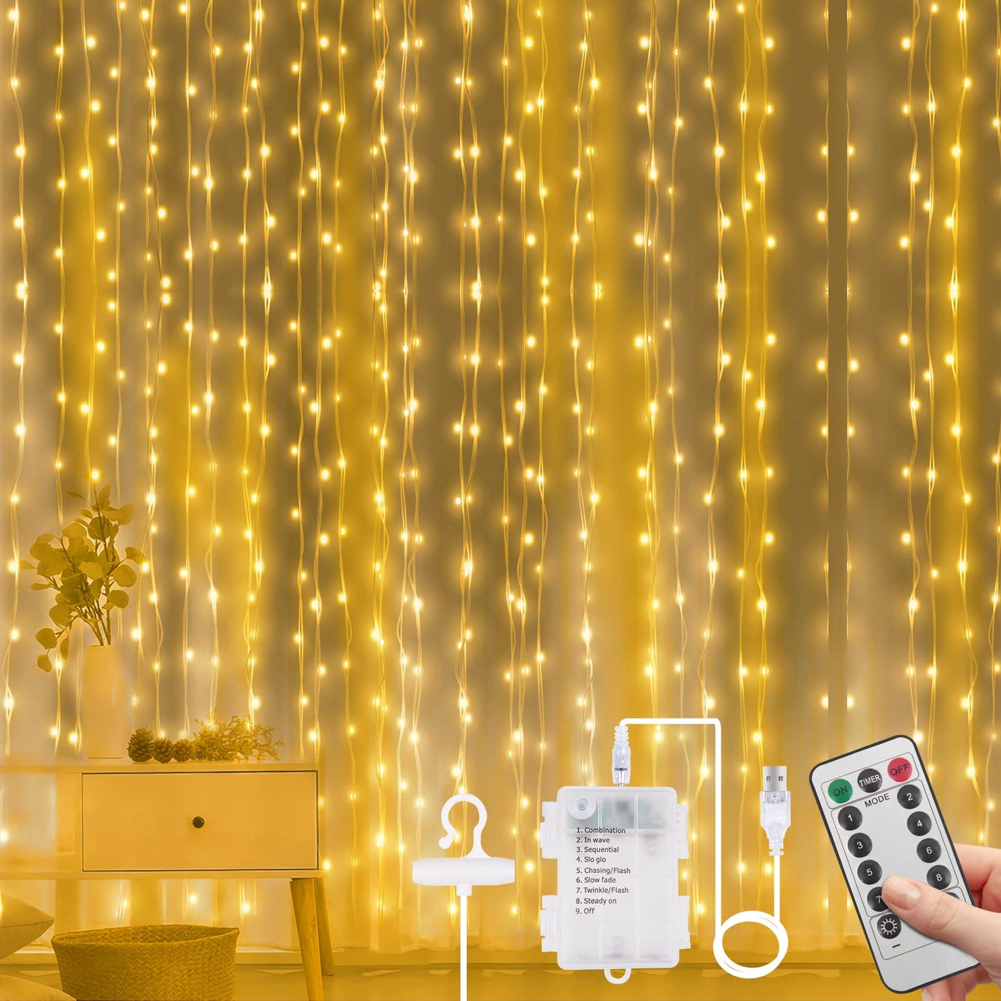 Vicloon Curtain Fairy Lights, LED Curtain Lights, Waterproof Window String Lights with Remote Control Timer for Outdoor Indoor Party Bedroom Decoration 2 in 1-Warm White