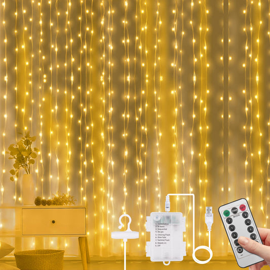 Vicloon Curtain Fairy Lights, LED Curtain Lights, Waterproof Window String Lights with Remote Control Timer for Outdoor Indoor Party Bedroom Decoration 2 in 1-Warm White