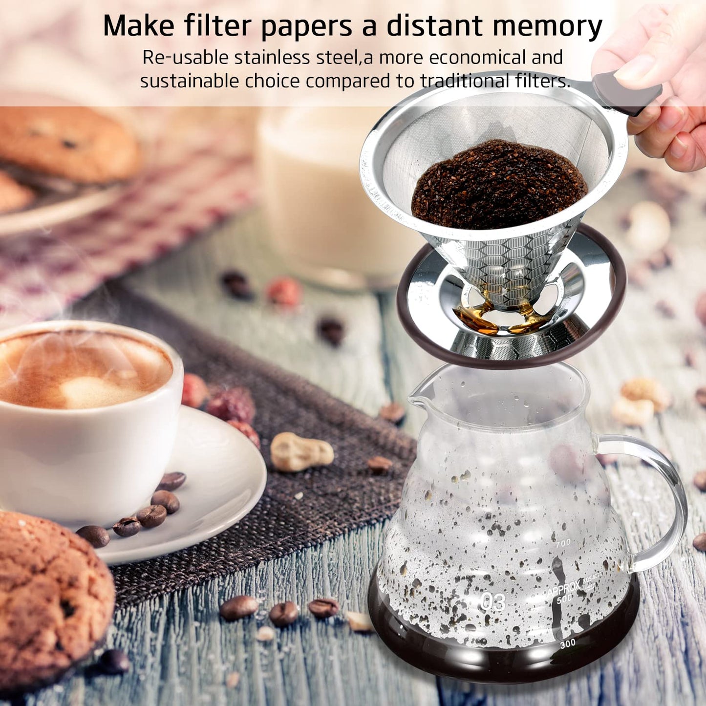 FOXAS Pour Over Coffee Filter Stainless Steel Reusable Coffee Dripper Paperless Drip Cup Coffee Maker Stainless Steel Coffee Filter