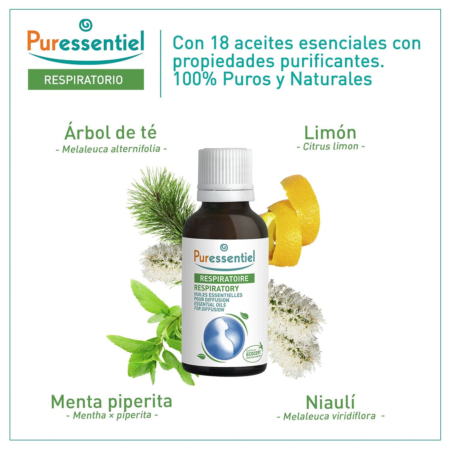 Puressentiel essential oils for diffuser, Respiratory Blend 30 ml - Aromatherapy, 100% Pure & Natural blend of essential oils, with Purifying & Soothing properties - Helps with first signs of cold