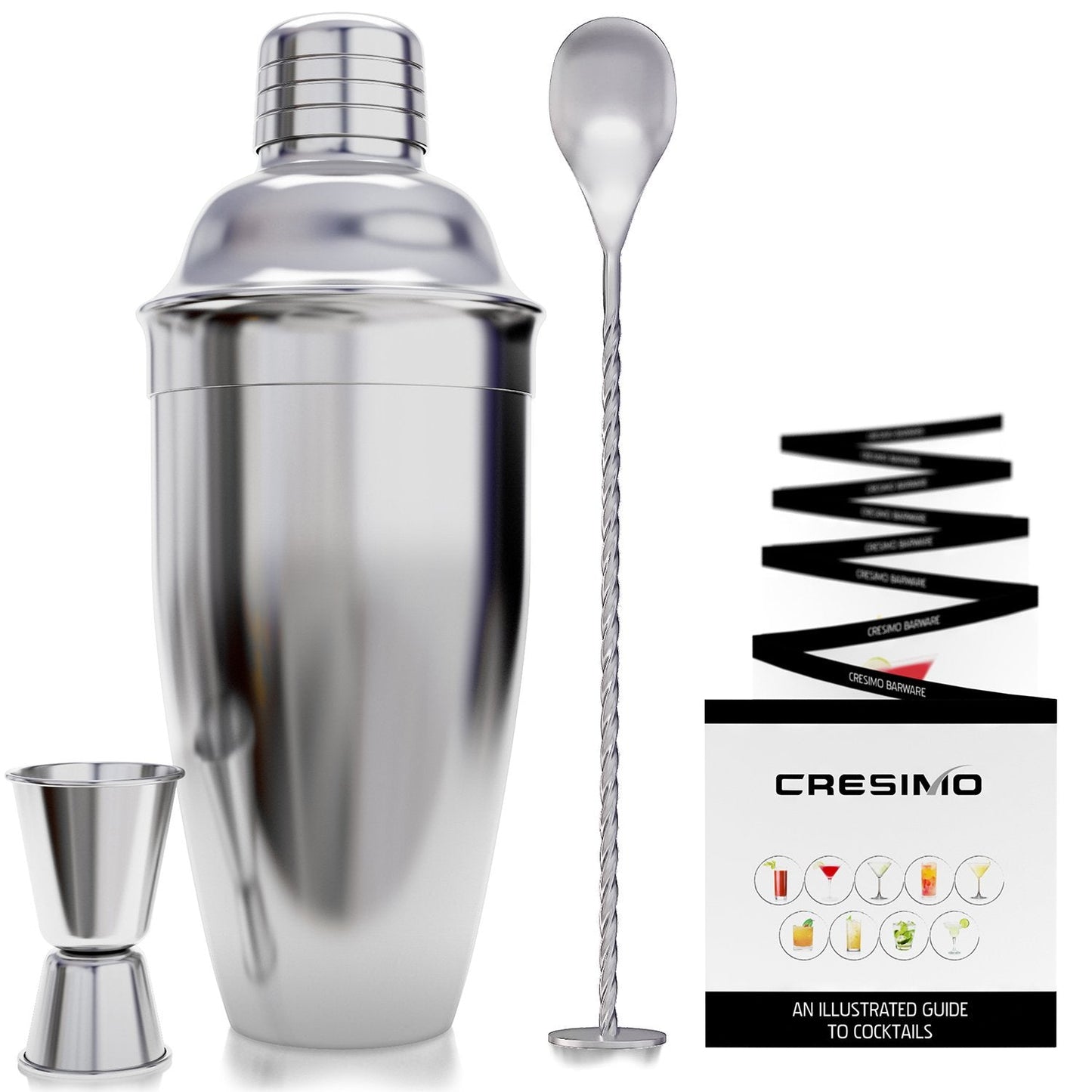 750mL Cocktail Shaker Set: 3pc Cocktail Making Set with Built-In Cocktail Strainer, Measuring Jigger Cocktail Spoon & Cocktail Kit Book - Stainless Steel Cocktail Set w/ Cocktail Shakers - Cresimo 710mL - 3pc Set