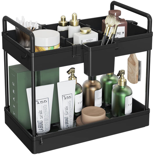 SOLEJAZZ 2-Tier Under Sink Storage, Bathroom Countertop Organizer, Standing Rack Cosmetic Holder, Bathroom Tray with Dividers, Storage Shelf Organizer for Makeup Cosmetic Perfume, 34x22x39cm, Black