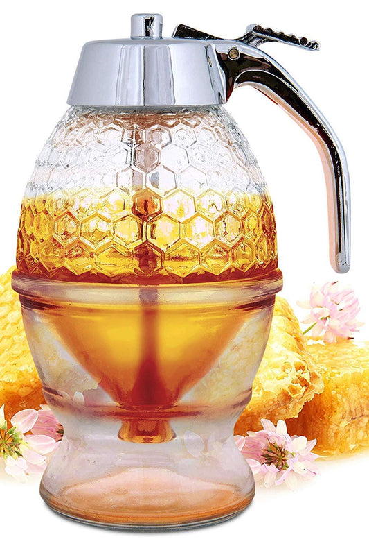 Hunnibi Honey Dispenser No Drip Glass - Maple Syrup Dispenser Glass - Beautiful Honey Comb Shaped Honey Pot - Honey Jar with Stand, Great Bee Decor, 8 oz