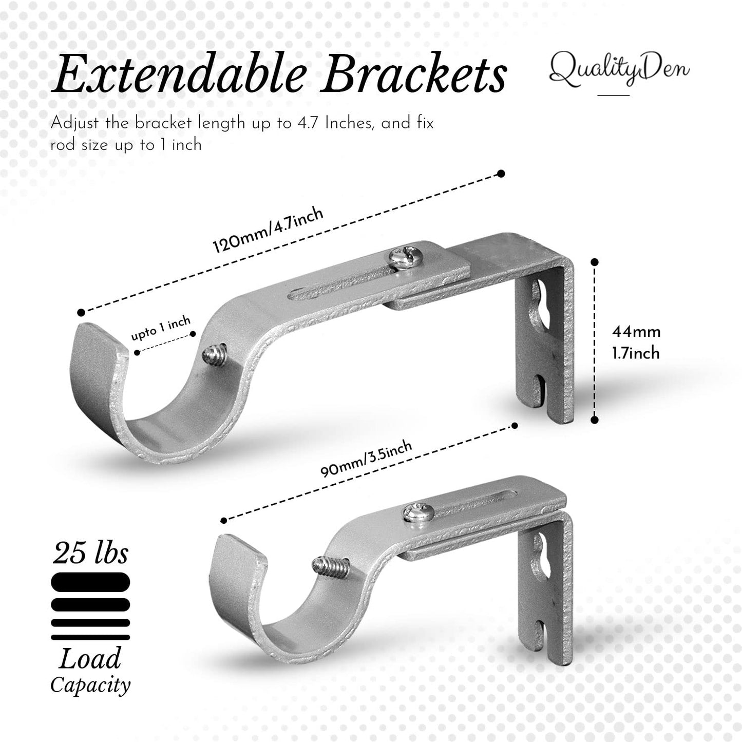 QualityDen Curtain Pole Brackets 2Pcs with Adjustable Length of 9 - 12cm - Metal Curtain Rod Brackets Set with Screws for Poles, Wall Rod-Heavy Duty & Rust Resistant (Silver) Silver