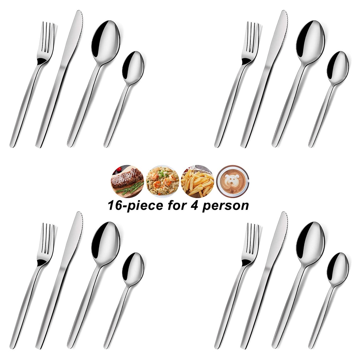 Bestdin 16 Piece Cutlery Set for 4 People, Stainless Steel Knife and Fork Sets, Silverware Set Ideal for Home/Party/Restaurant, Mirror-Polished & Dishwasher-Safe Silver