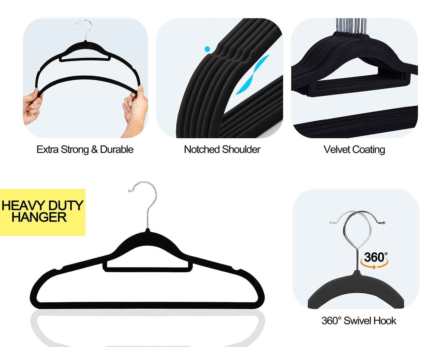 GVTECH Premium Velvet Hangers, [50 Pack] Non Slip and Heavy Duty Velvet Suit Hangers (45cm) with Tie Bar, 360° Swivel Hooks, Sturdy to hold Jumper, Pullovers, Jackets & Hoodies (Black) Black 50 Pack