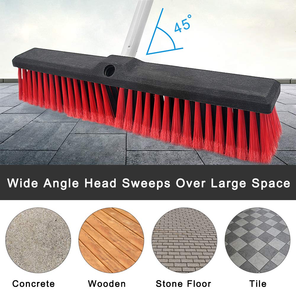 Push Broom Stiff Indoor Outdoor Rough Surface Floor Scrub Brush 17.7 inches Wide 61.8 inches Long Handle Stainless Steel, for Cleaning Bathroom Kitchen Patio Garage Deck Concrete Wood Stone Tile Floor