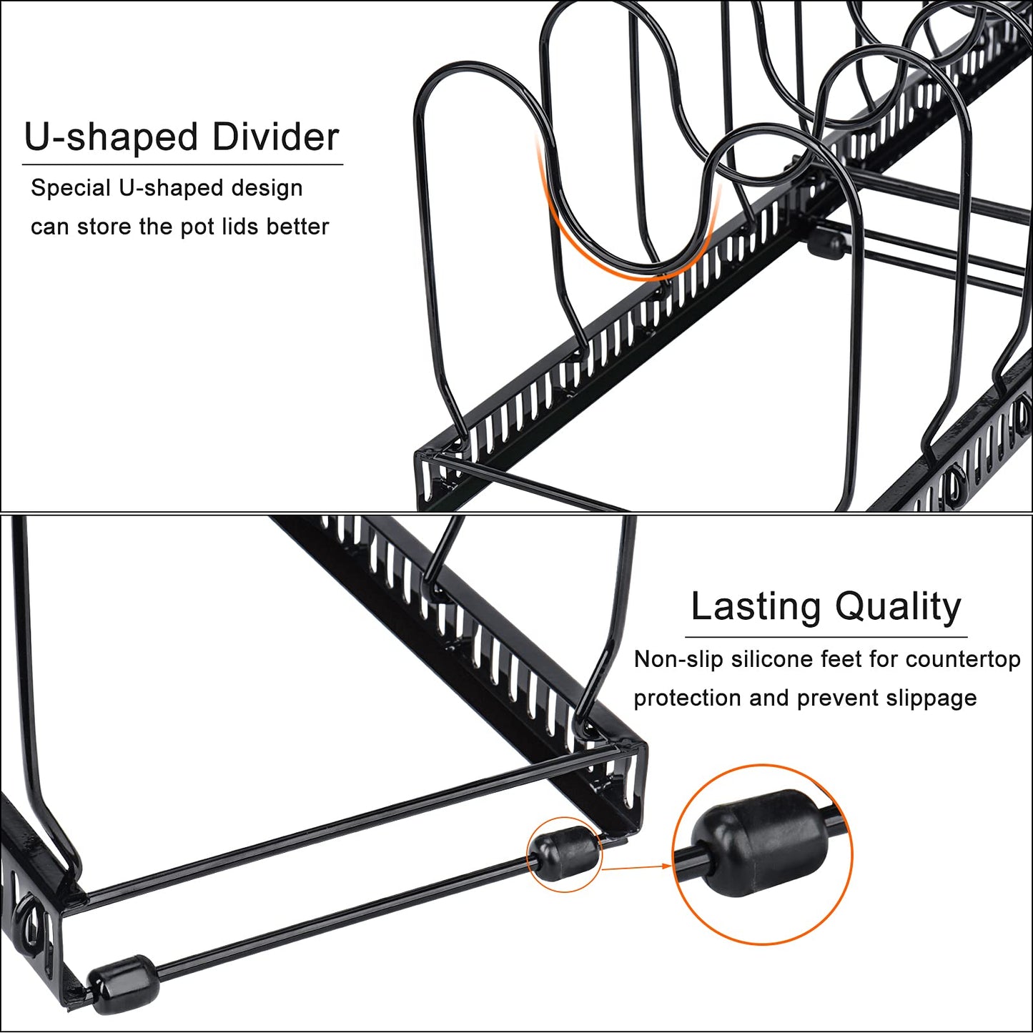 Toplife Expandable Pans Organiser Rack, 10 Adjustable Compartments, Pantry Cupboard Bakeware Lid Plate Holders, Black Pan Lid Organiser, Black