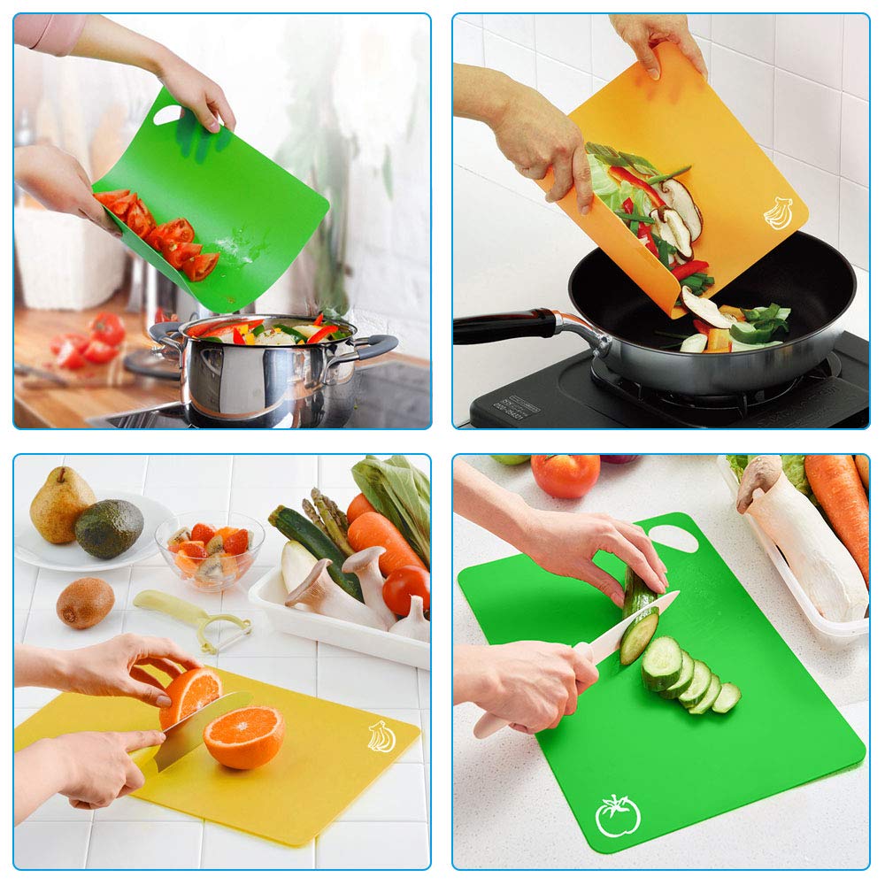 Vicloon Plastic Chopping Board Set, 6Pcs Flexible Kitchen Plastic Cutting Board Mats with Food Icons, Non Slip Antimicrobial Easy Hanging Boards, Dishwasher Safety