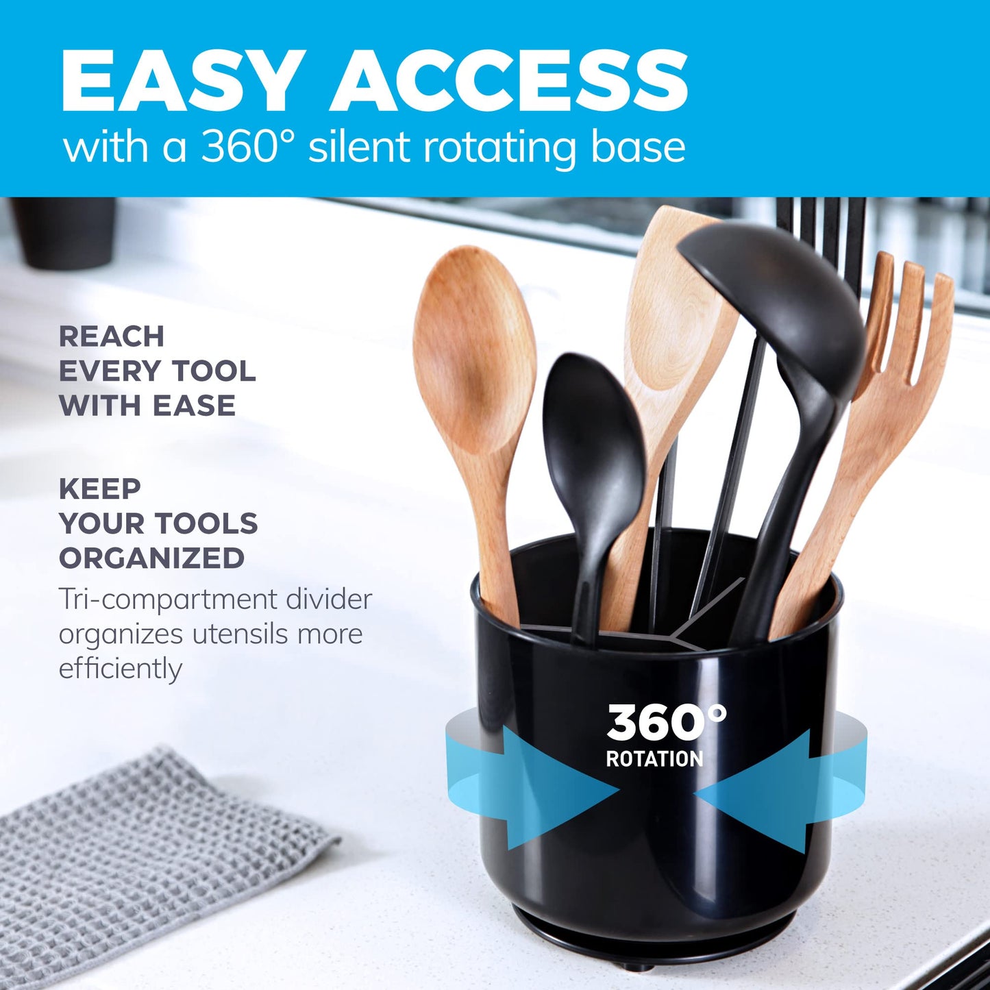 Extra Large and Sturdy Rotating Black Utensil Holder Caddy with No-Tip Weighted Base, and Gripped Insert | Rust Proof and Dishwasher Safe Kitchen Utensils Holder and Cutlery Holder Plastic