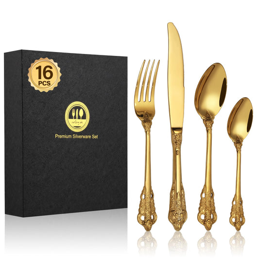 BEWOS 16 Piece Gold Palace Cutlery Set, Premium Stainless Steel Cutlery, Embossed Design Handles, Family and Banquet Knife and Fork Sets, Stunning Polished & Gift Wrapped, Dishwasher Safe 16p Palace Gold With Gift Box 16 Pieces