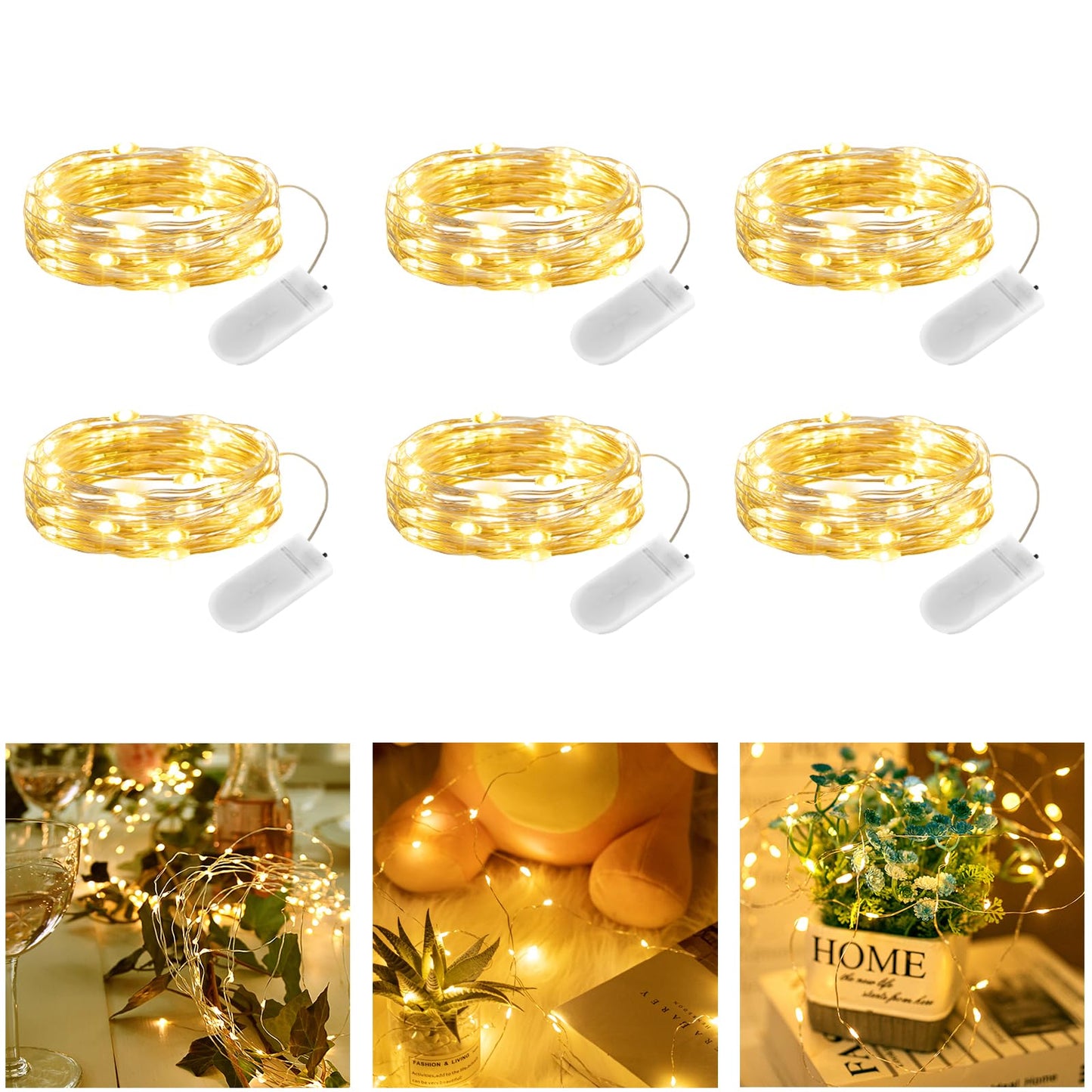 Brightown 6 Pack Led Fairy Lights Battery Operated, 2m 20 LED Copper Wire Battery String Lights, Warm White Fairy Lights Indoor for Bedroom Wedding Jars Bottle Decorations (Warm White)