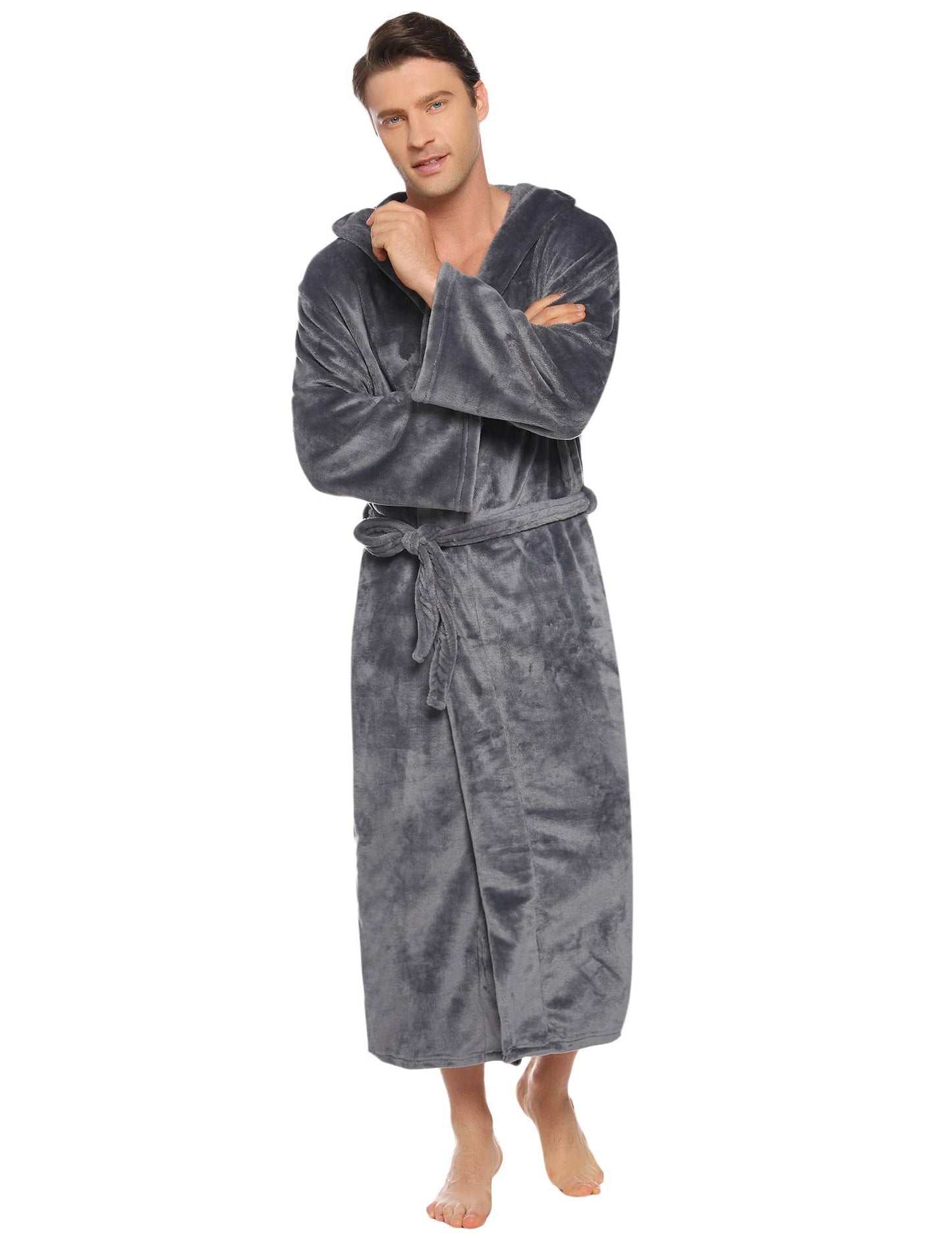 Vlazom Men Dressing Gown, Hooded Warm Robes Flannel Soft Bathrobe Fluffy Housecoat for Winter Dark Grey 3XL