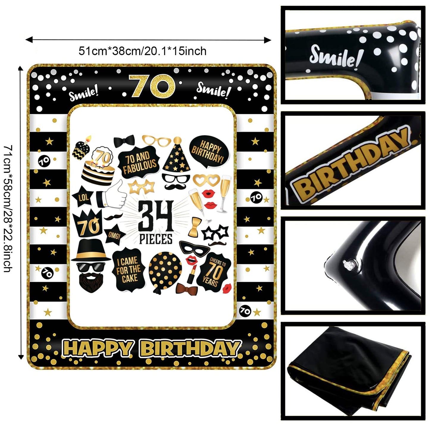 70th Birthday Decorations Girls Boys,Black Gold Inflatable Selfie Frame&34Pcs 70th Birthday Photo Booth Props,Giant Inflatable Party Photo Booth Frame for Ladies Men 70th Birthday Party Decorations Black Gold