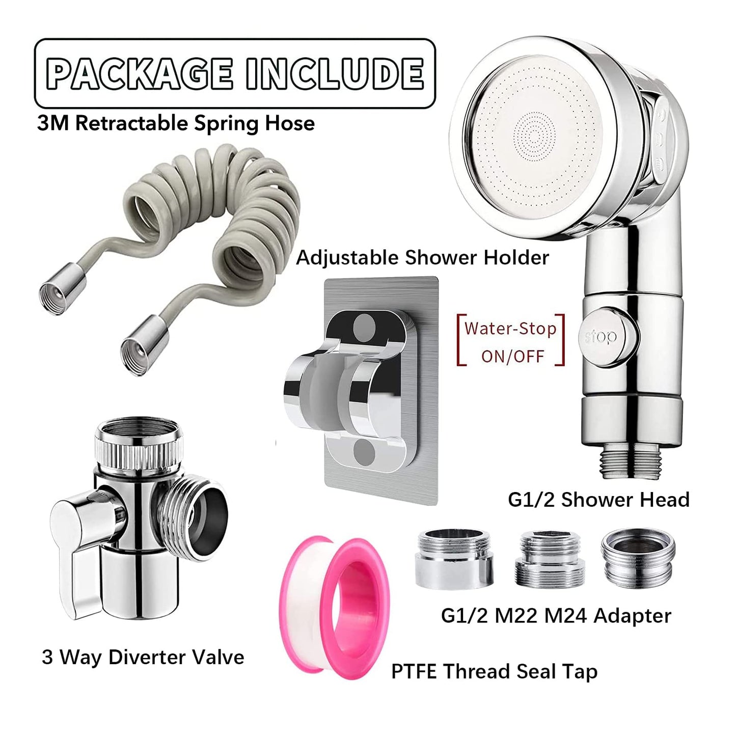 Roscid Sink Faucet Sprayer Attachment Set, Kitchen Bathroom Pet Bathing Shower Head with 9.8ft Hose and G1/2 / M22 / M24 Faucet Adapters, Hair Washing, Dog Shower and More (Faucet Not Included) Silver