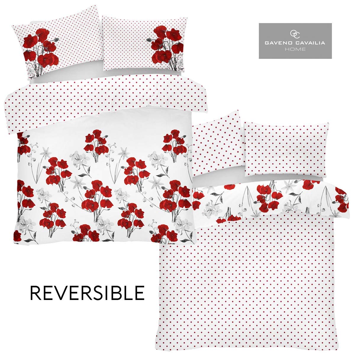 GC GAVENO CAVAILIA Easy Care Blossom Bedding Double Bed Set, Washable Botanical Duvet Cover Sets, Breathable Quilt Covers, Red