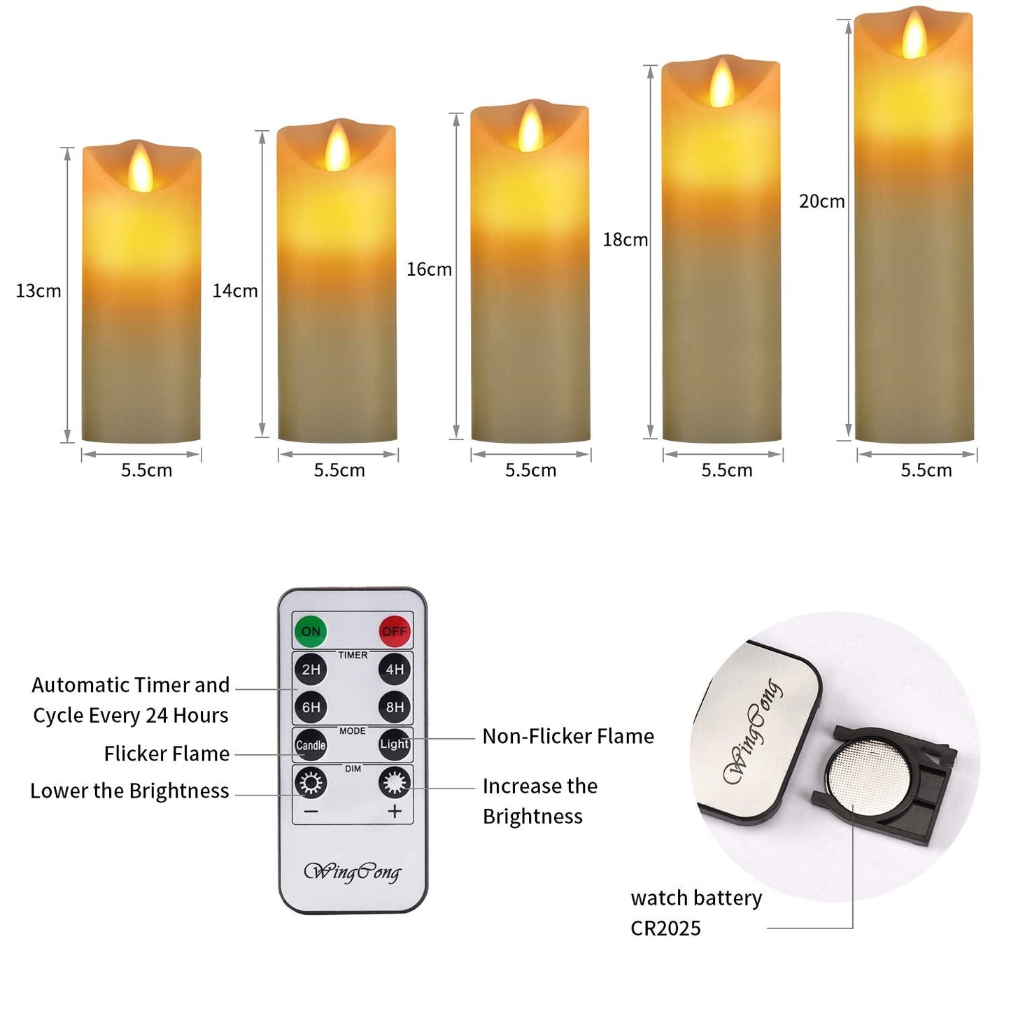 WINGCONG Led Candles, Flameless Candles, 5.5"/6"/6.5"/7"/8" Set of 5 Flameless Flickering Candles Battery Operated with 24 Hour Timer and 10 Key Remote Control, Ivory Real Wax Moving Wick Candles