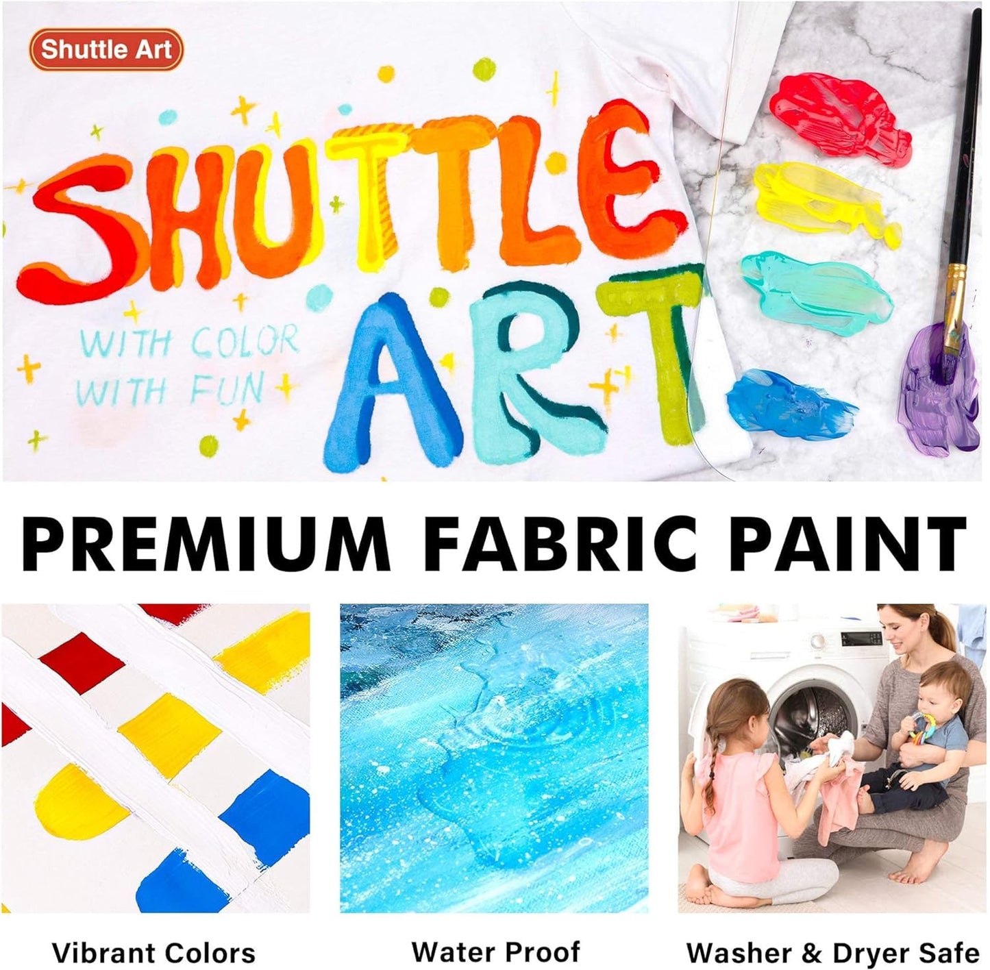 Shuttle Art Fabric Paint Permanent for Clothes, 18 Colours Fabric Paints in Bottles (60ml/2oz) with Brushes, Palette, Stencils, Non-Toxic Textile Paints for T-Shirt, Shoes, Bag, Jeans, No Heating Need