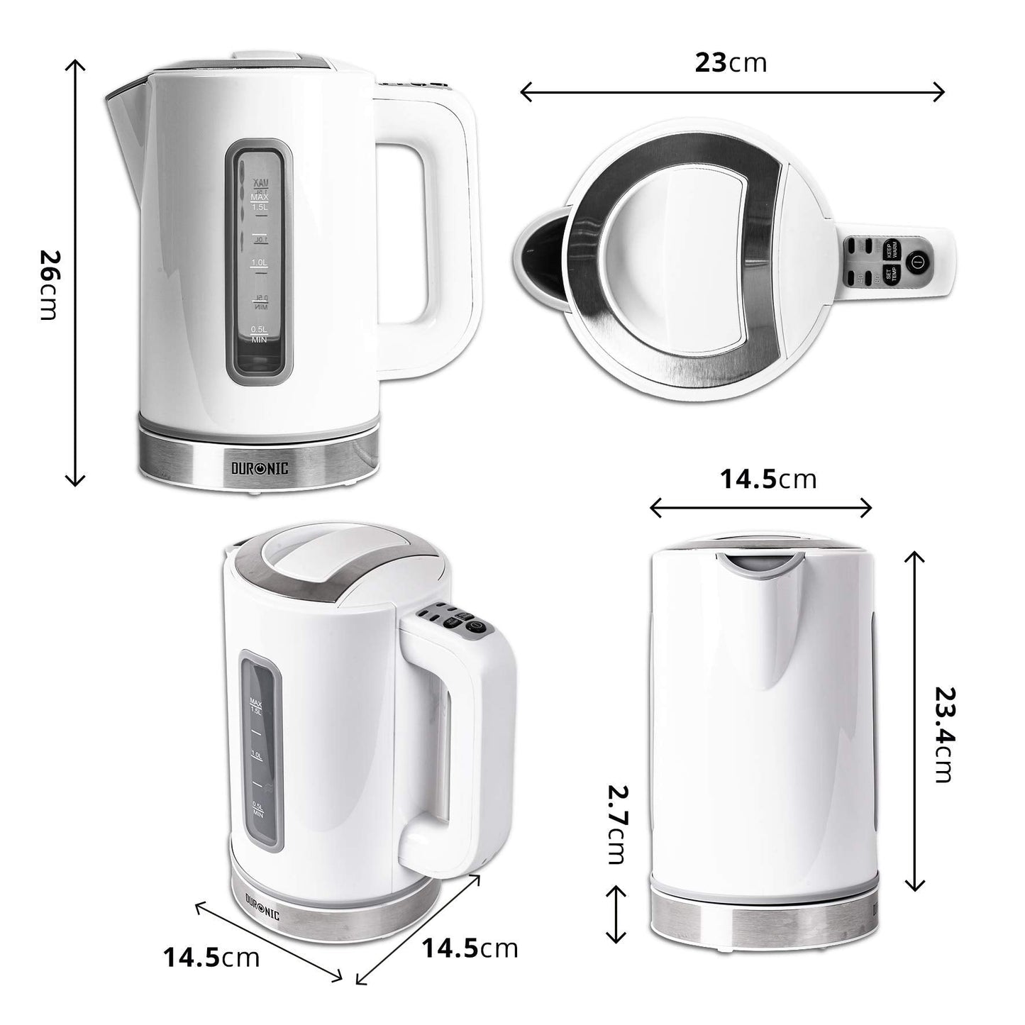 Duronic Electric Kettle EK30 WE | White 1.5L Fast Boil Kettle | Eco 3000W Variable Temperature Control | Keep Warm Function | Energy Efficient | Insulated Cool Touch | Cordless 360 Base | Multi-Use